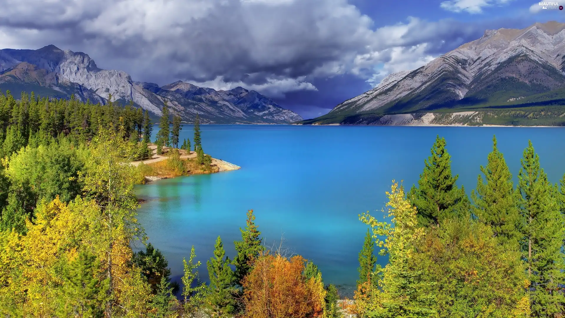 Mountains, forest, clouds, lake