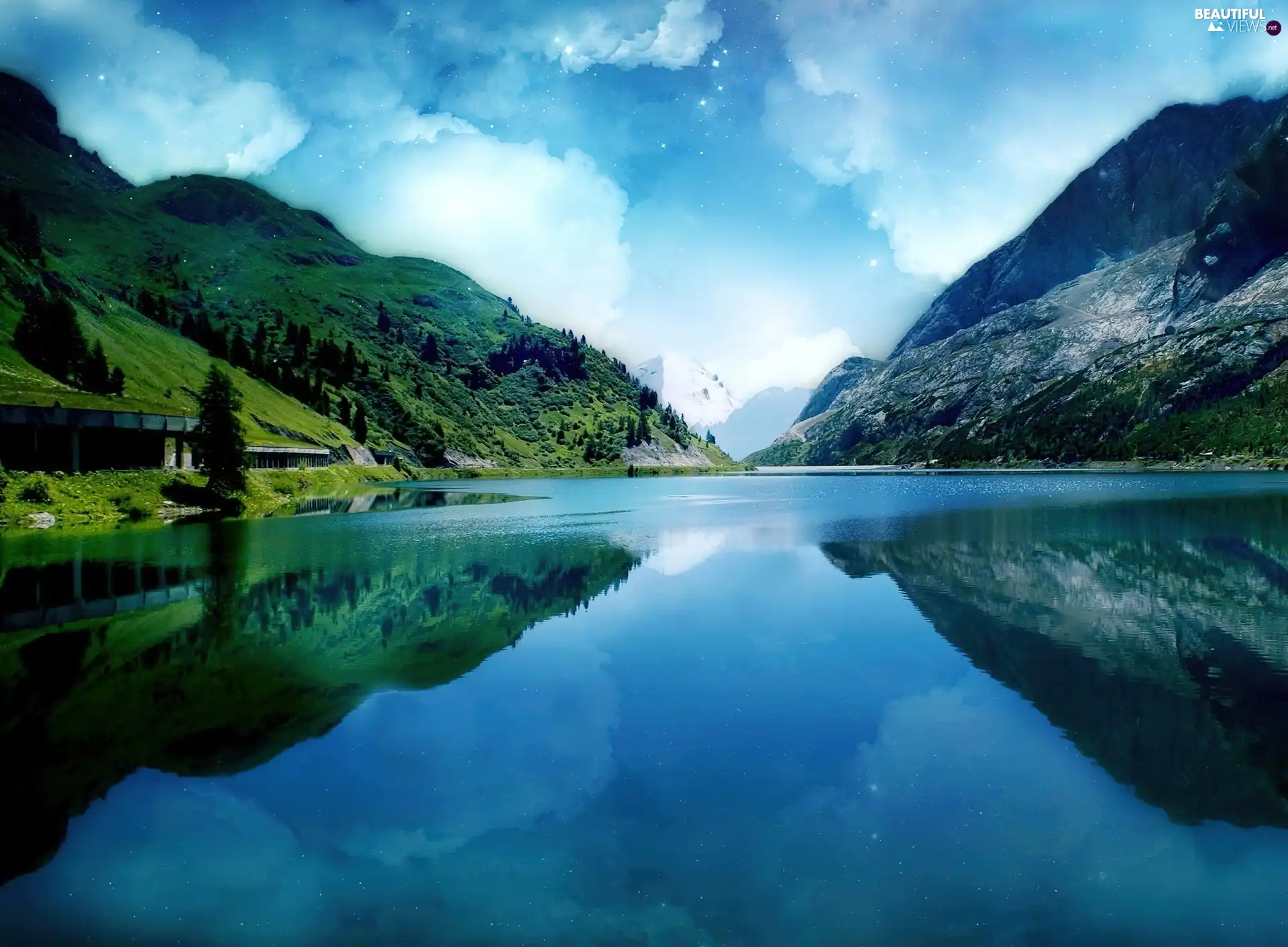 clouds, lake, Mountains