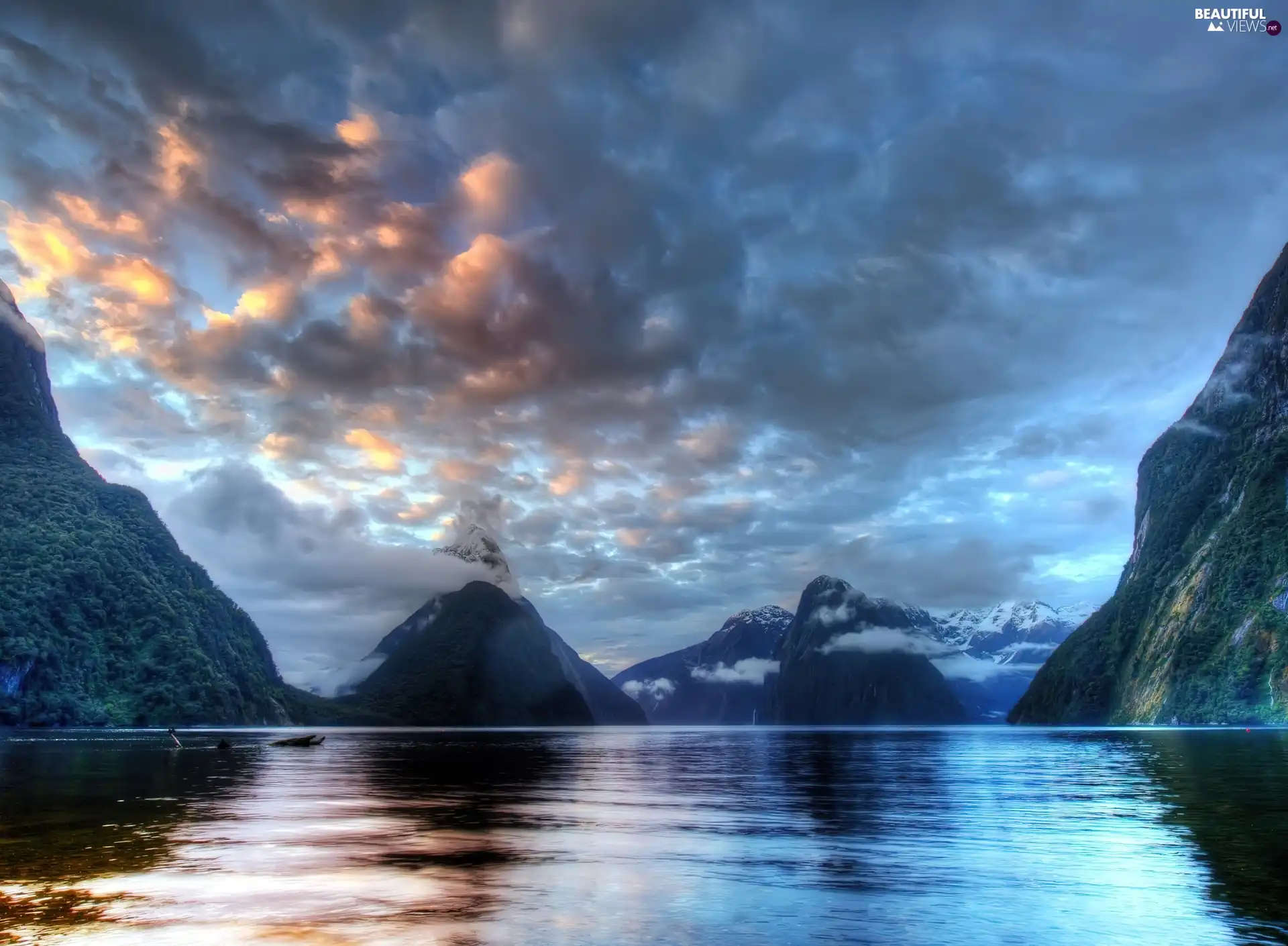 clouds, lake, Mountains