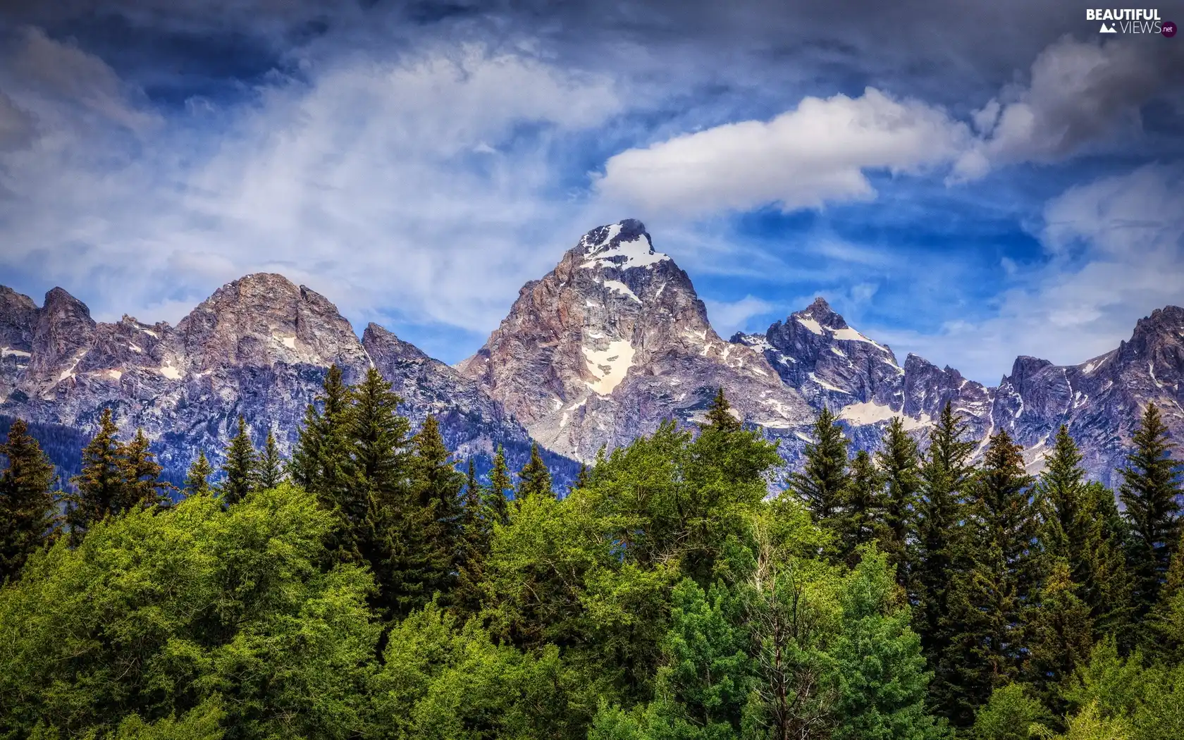 Mountains, peaks, clouds, forest