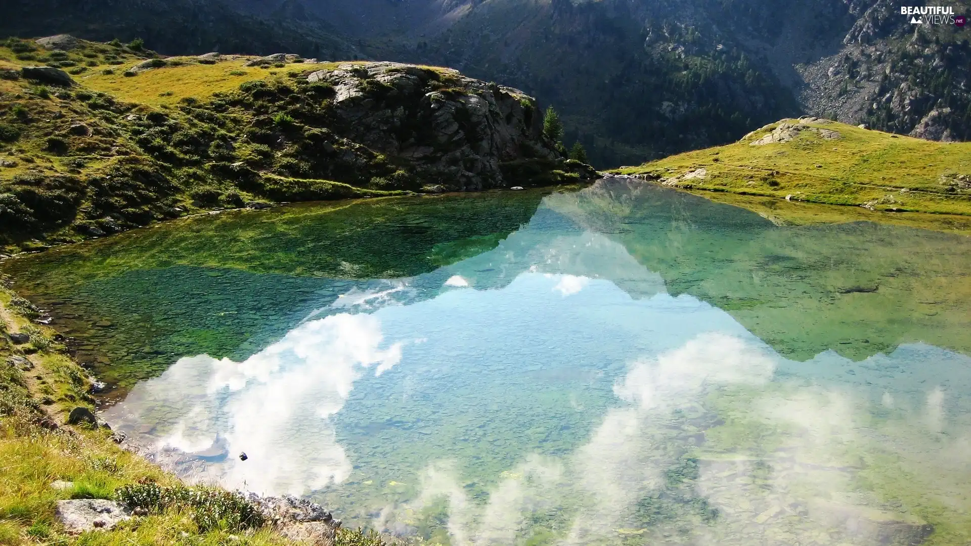 Mountains, reflection, clouds, lake