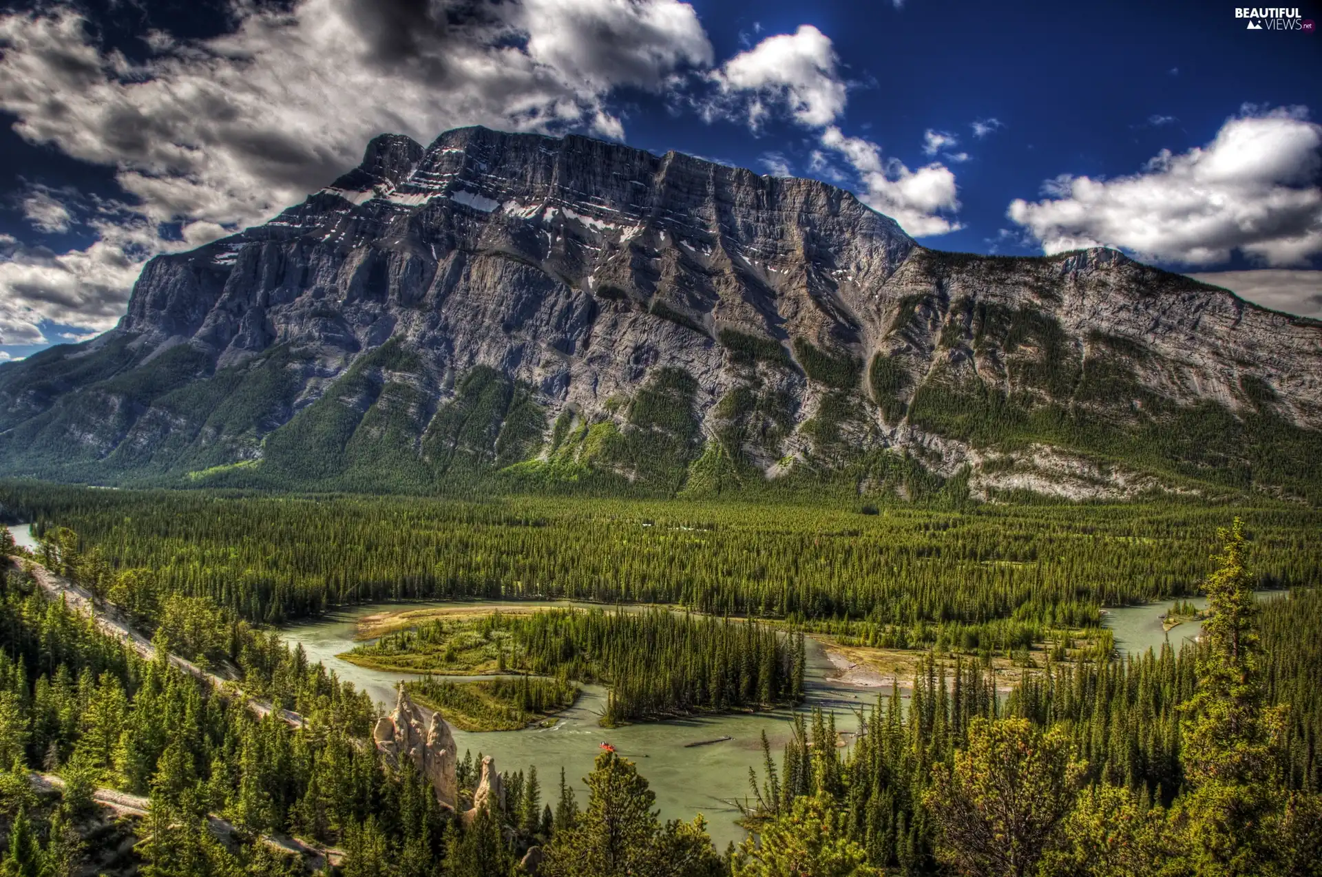 Mountains, River, clouds, woods