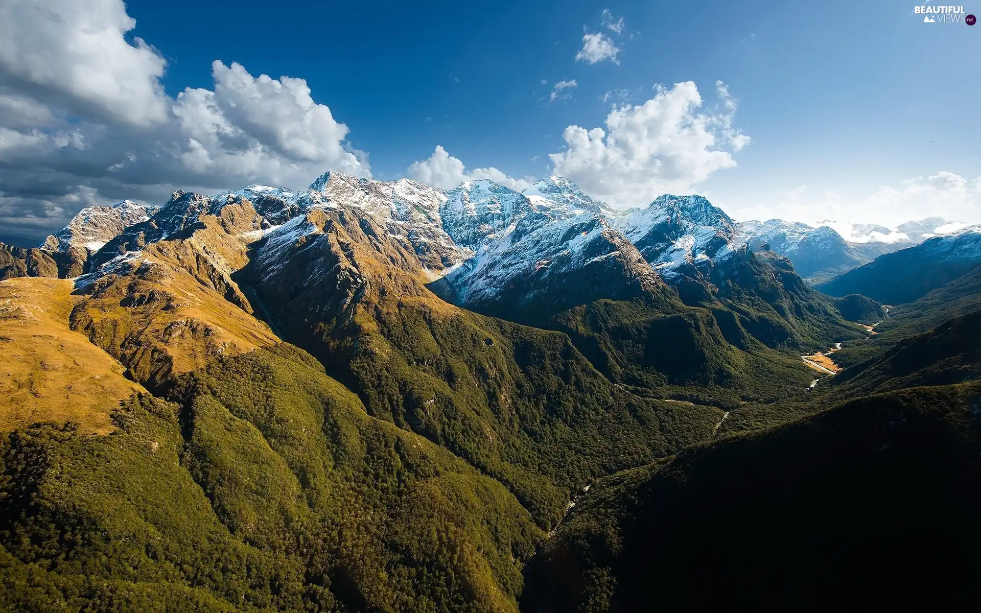 Mountains, Sky, clouds, Valley