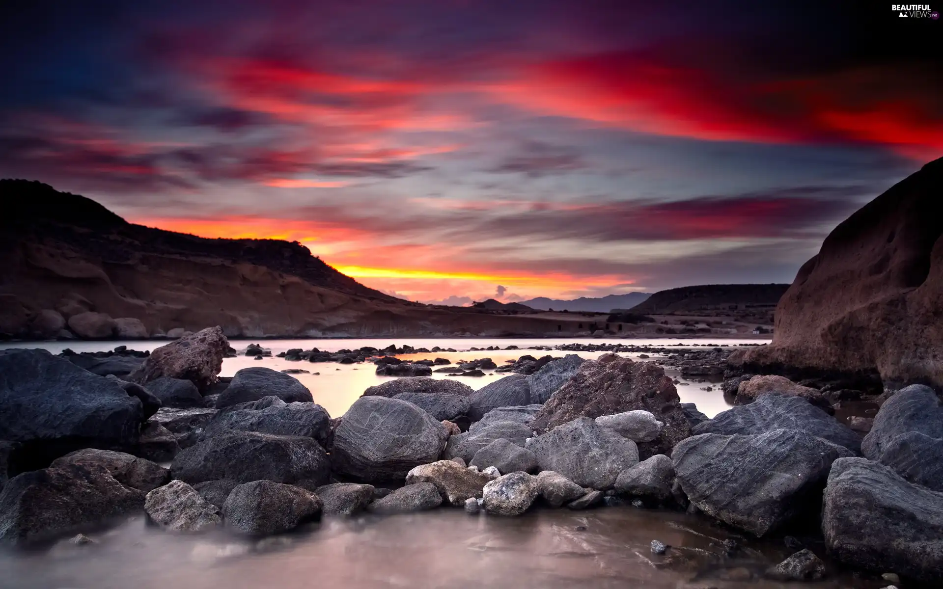 Mountains, Stones, clouds, River