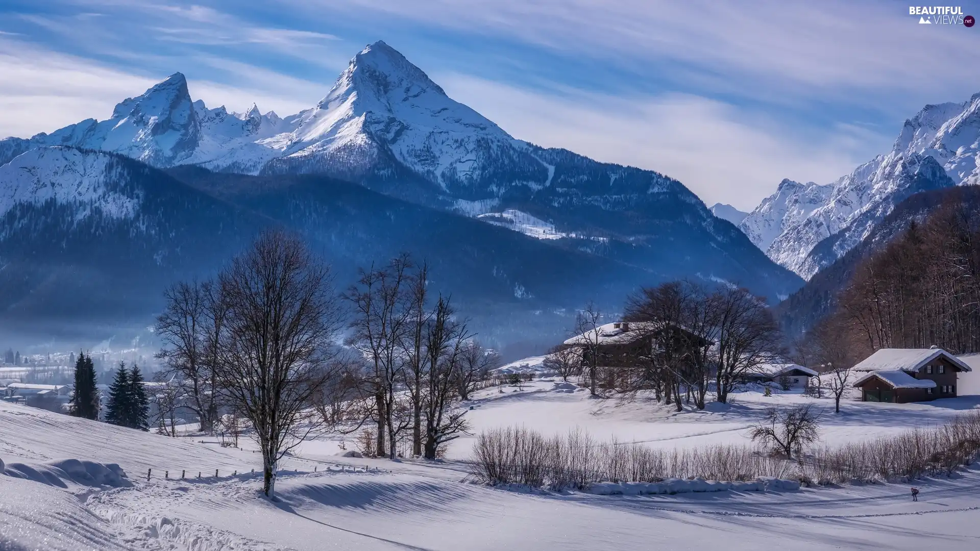 Houses, winter, viewes, clouds, trees, Mountains