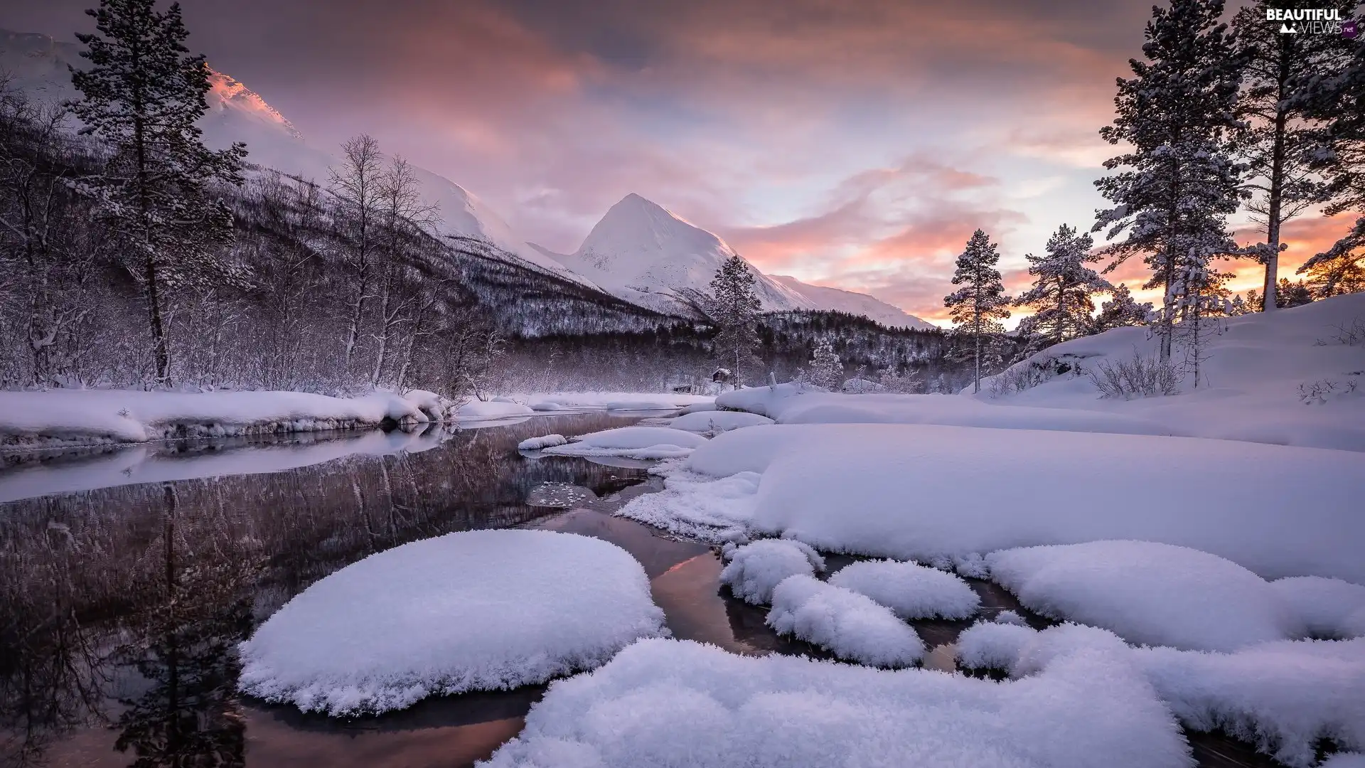 River, winter, viewes, clouds, trees, Mountains