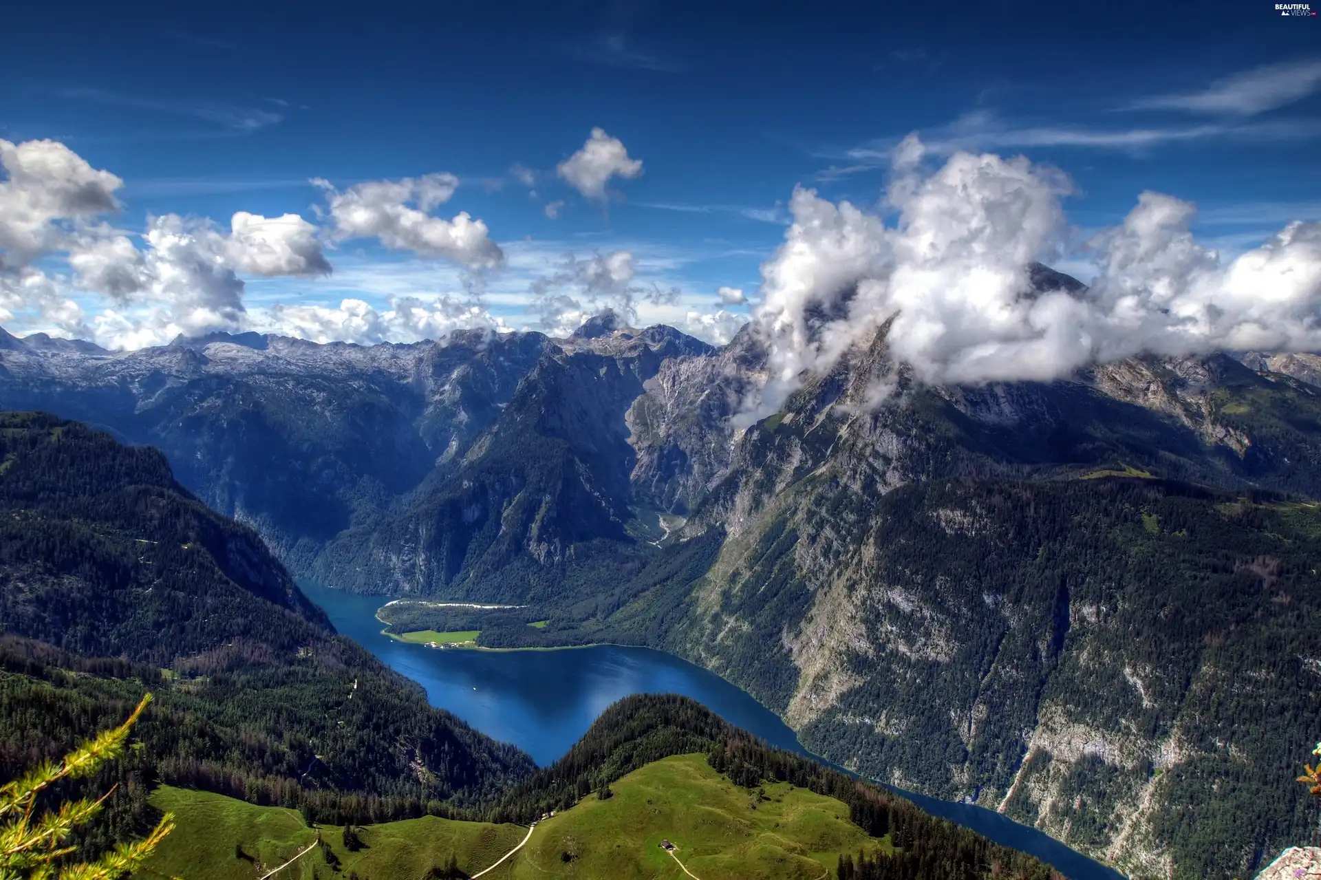 clouds, Mountains, River