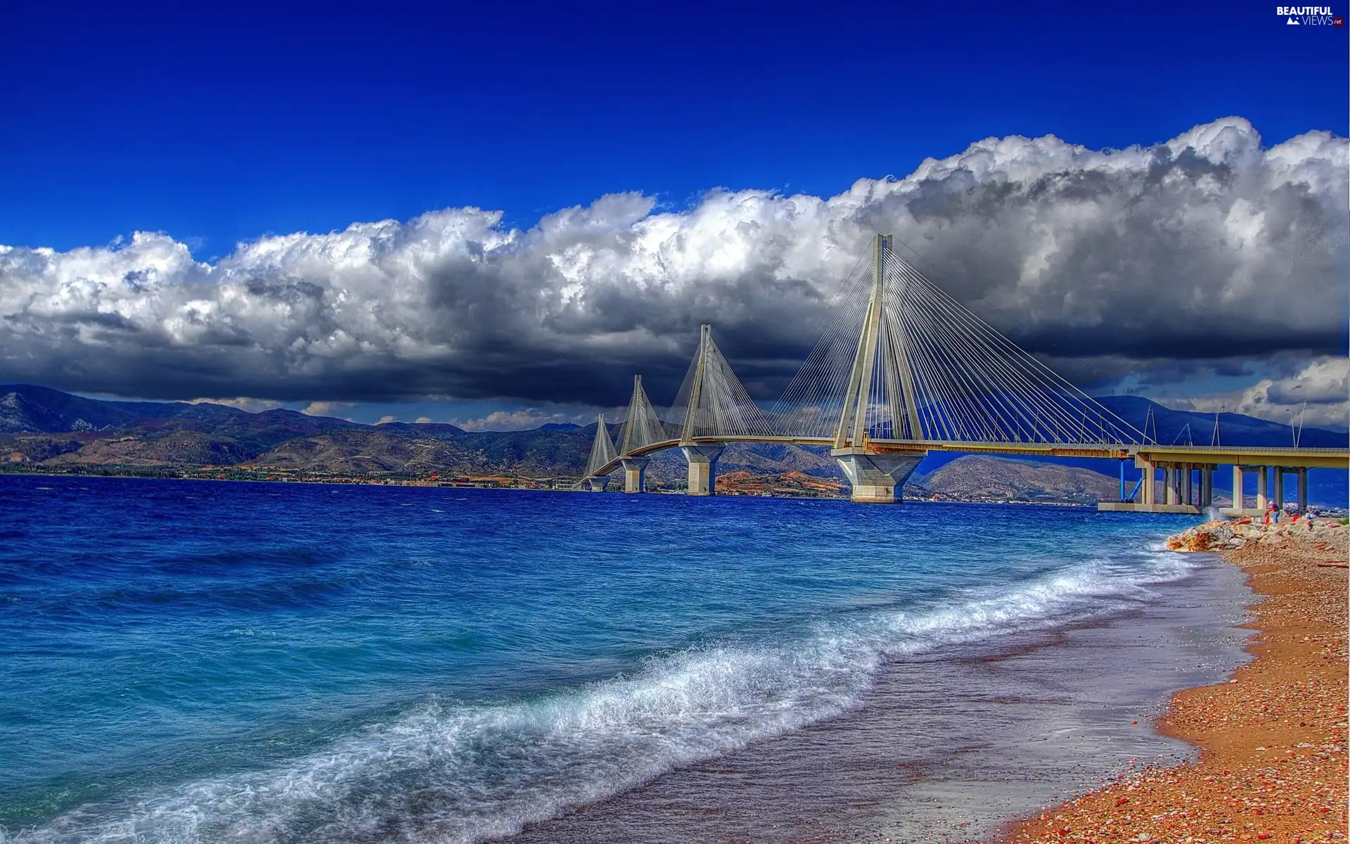 River, Mountains, clouds, bridge