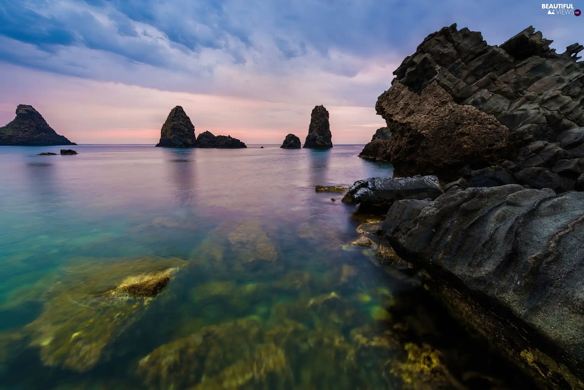 clouds, sea, rocks