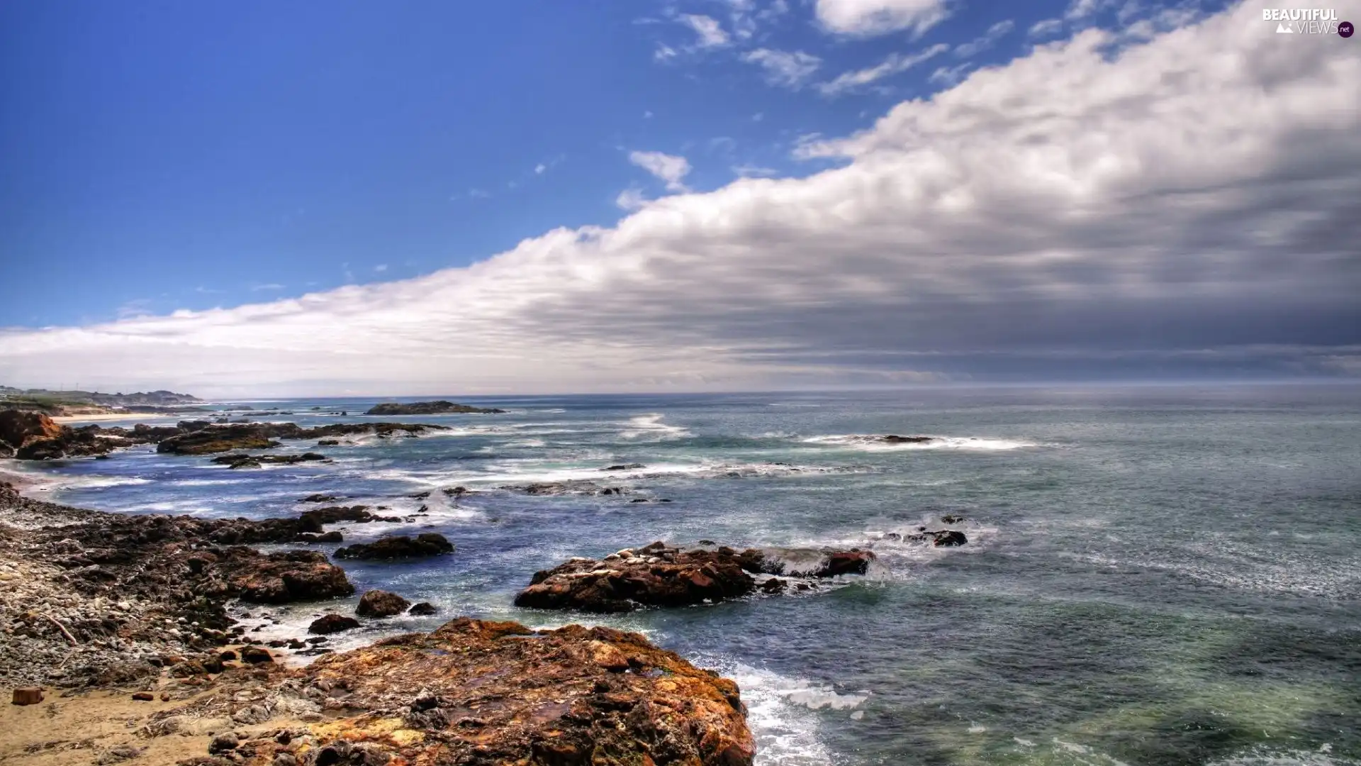 sea, coast, clouds, rocks