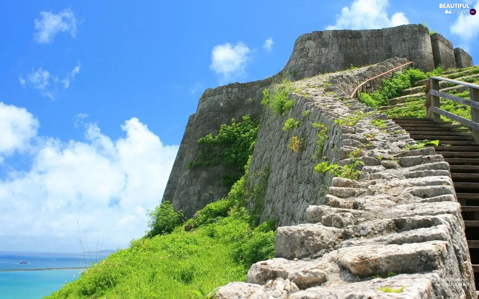 clouds, Sky, Stairs, grass, sea