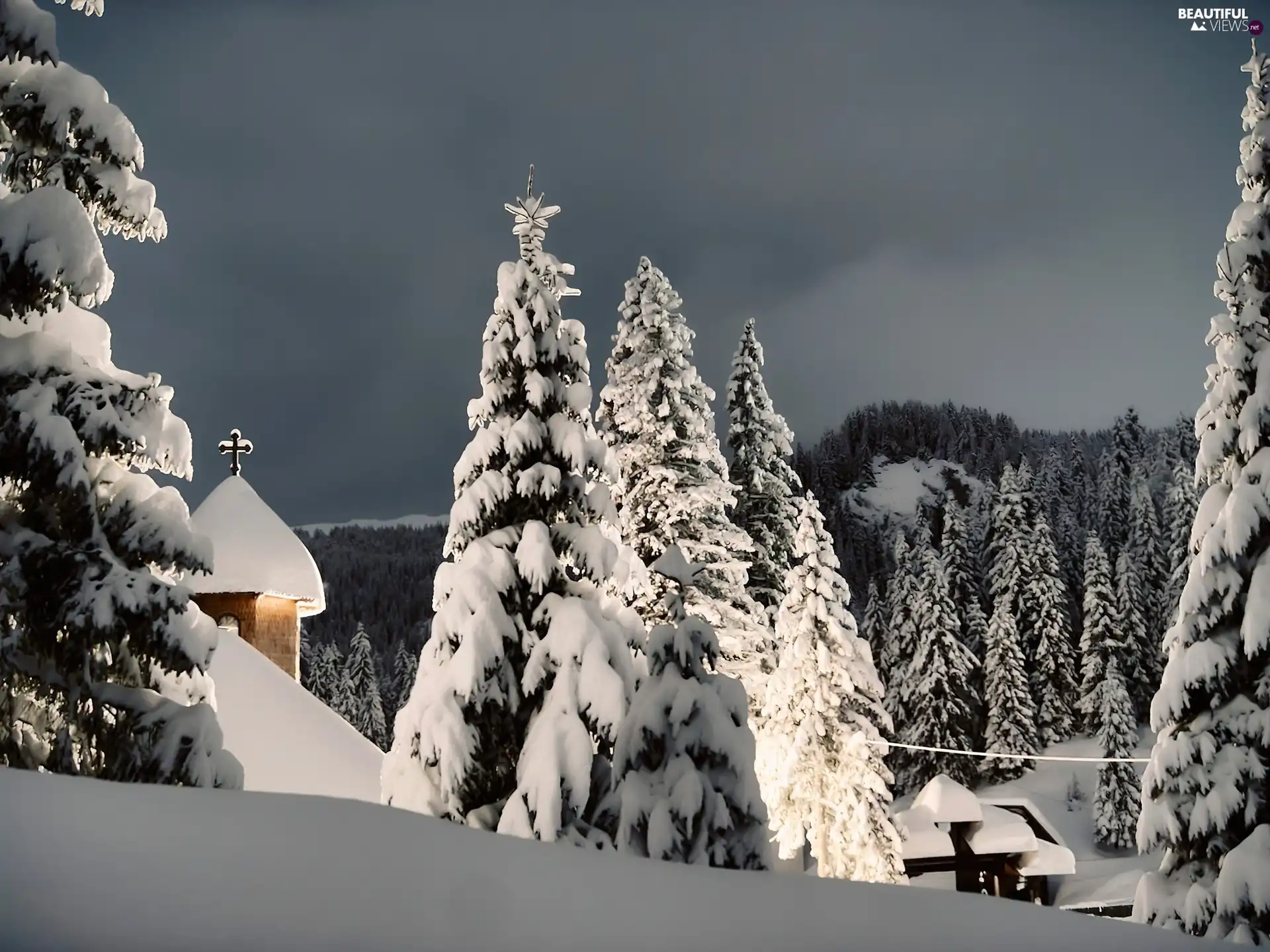 Clouds, Sky, forest, Church, winter