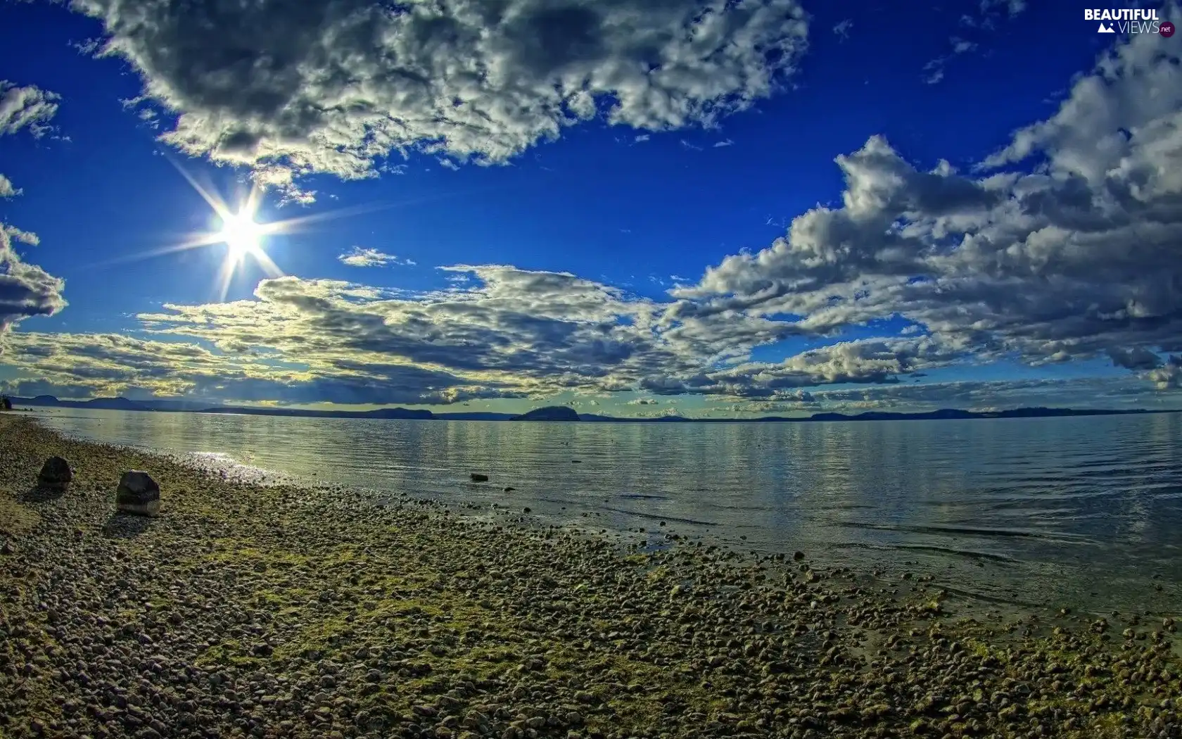 clouds, lake, Stones