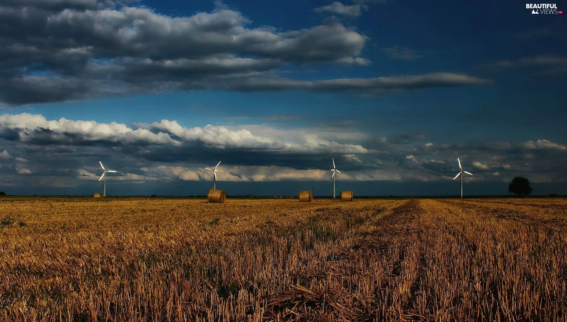 straw, Windmills, clouds, stubble