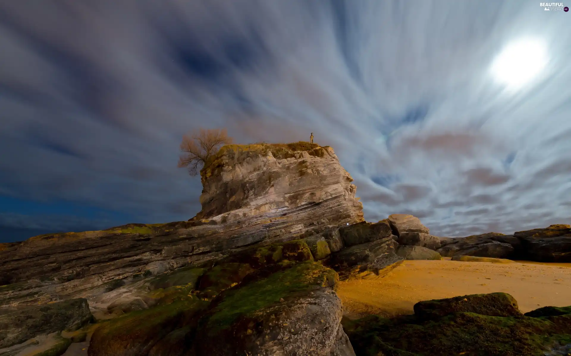 clouds, Rocks, trees