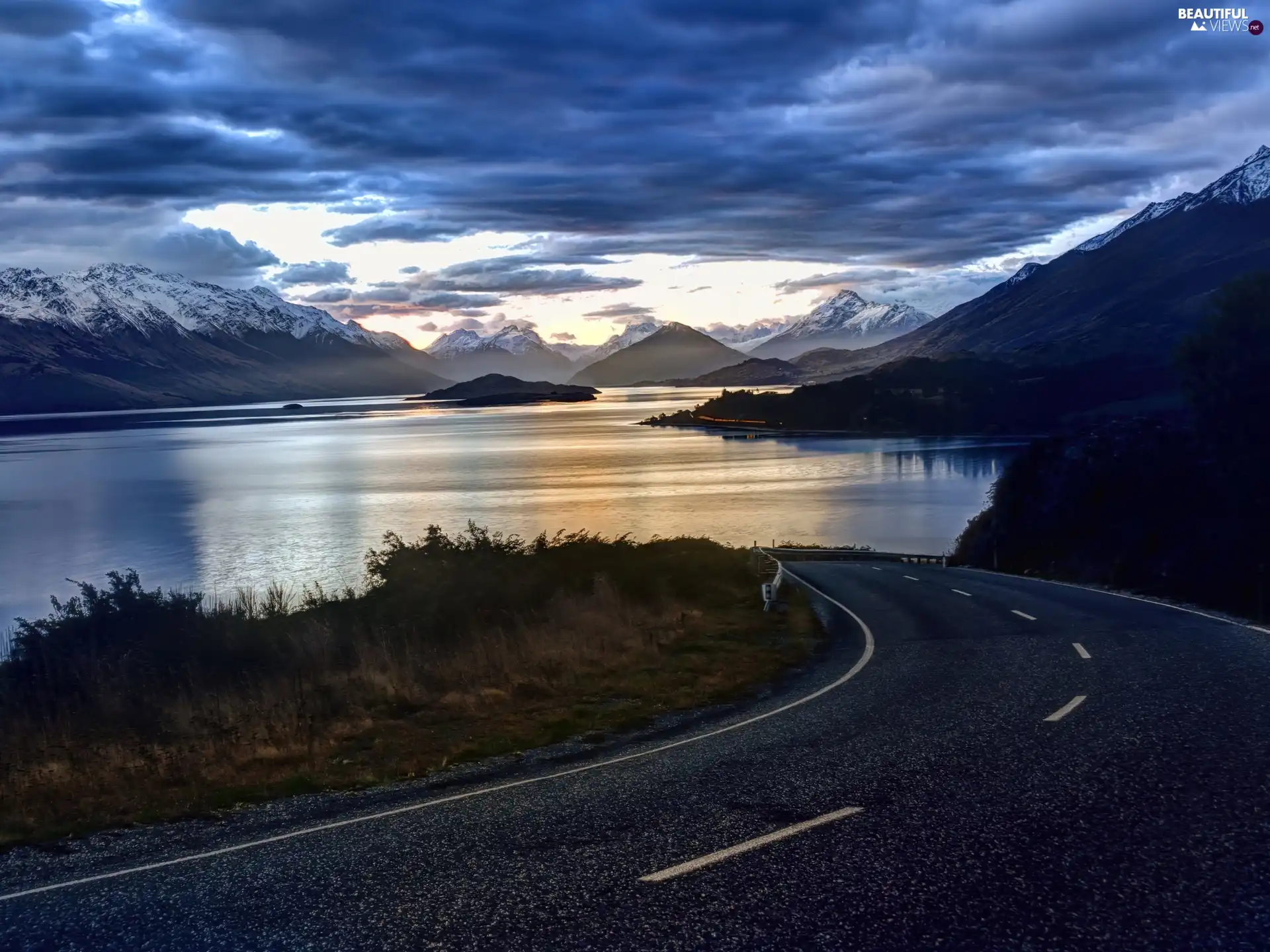 Way, Mountains, clouds, lake