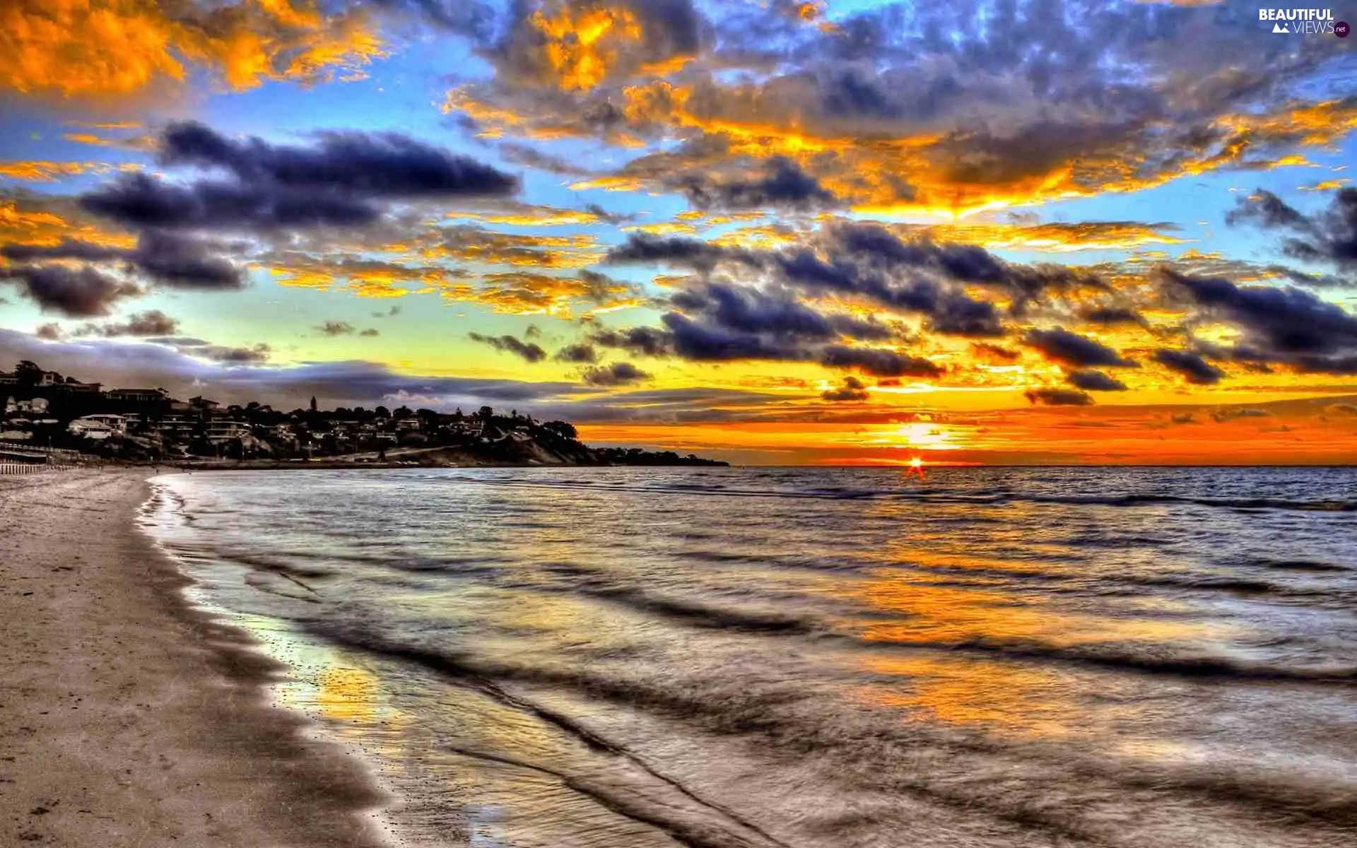 clouds, west, Beaches, Waves, sea