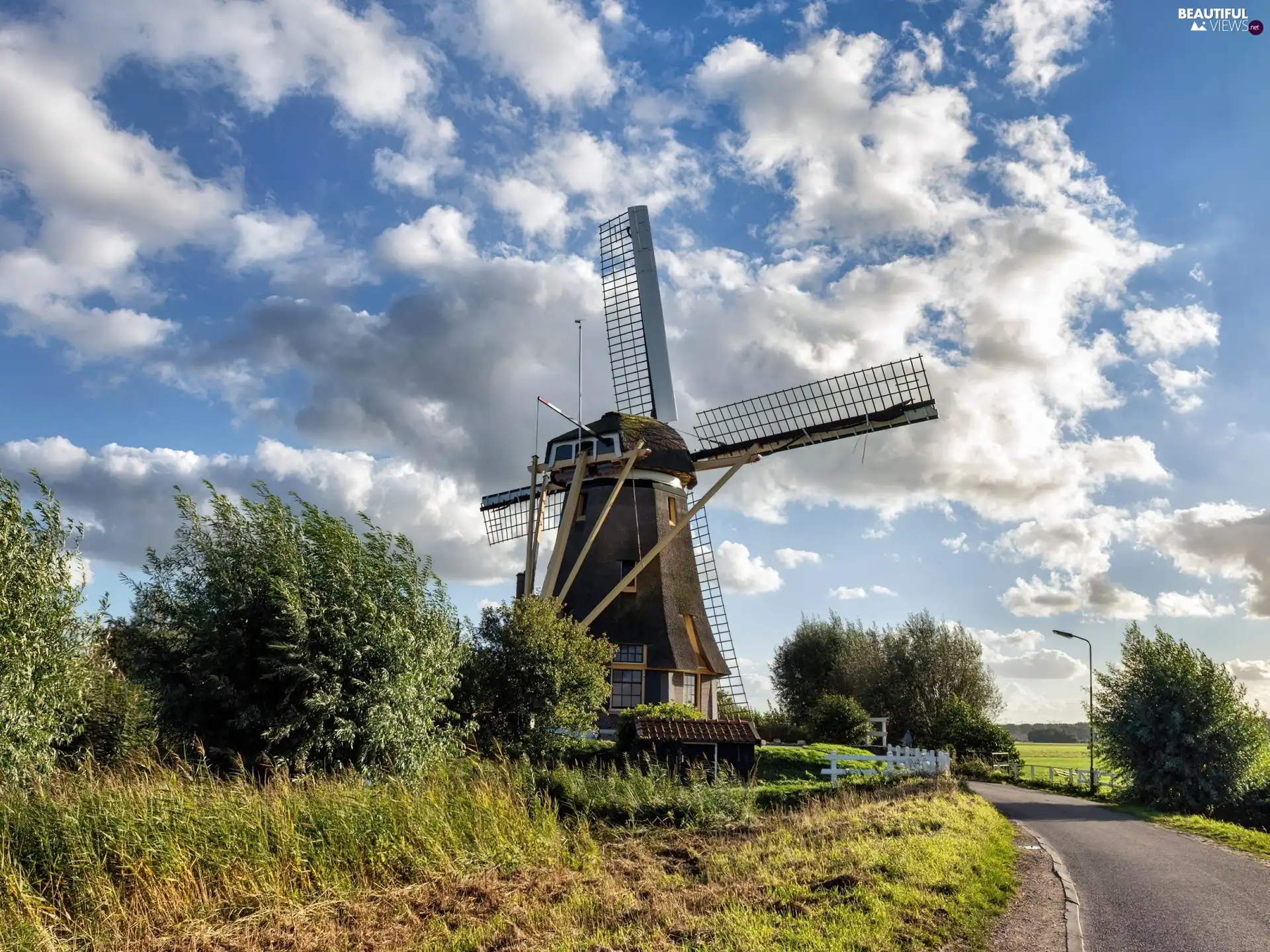 clouds, Way, Windmill