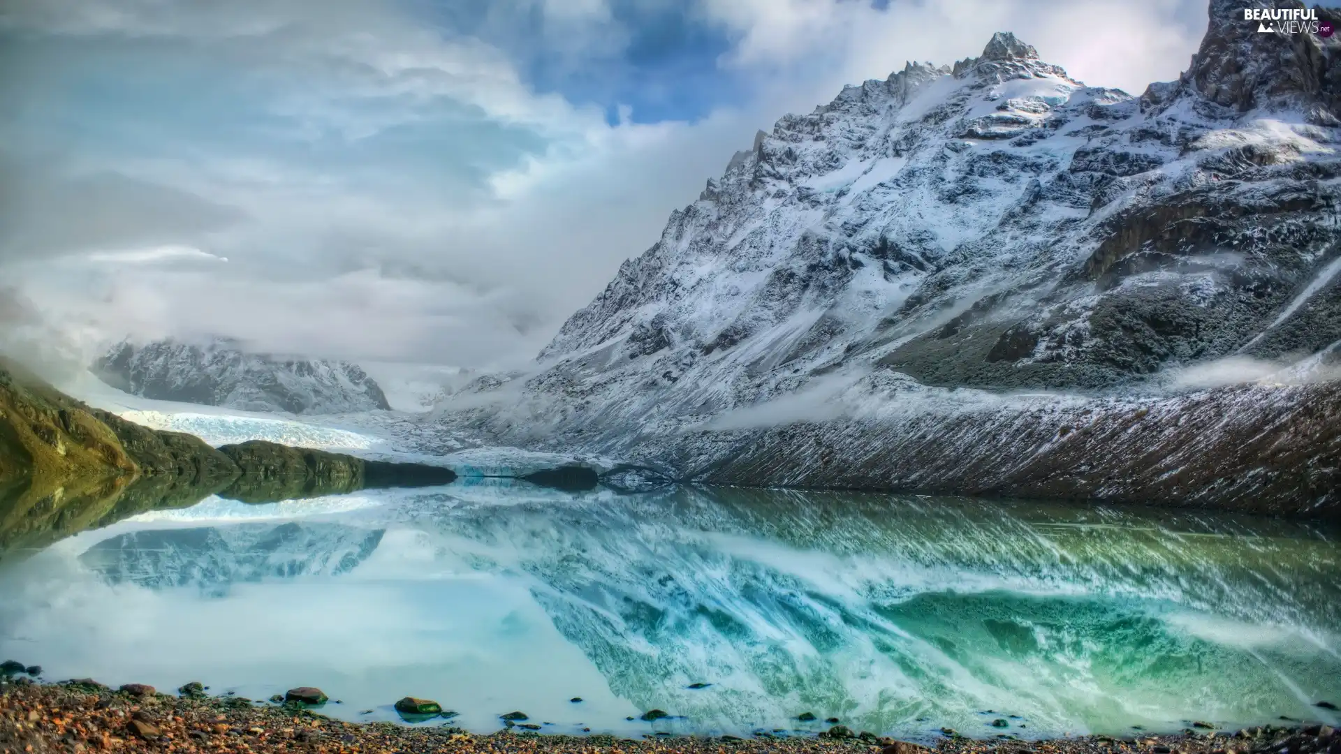 clouds, winter, lake, puffs, Mountains