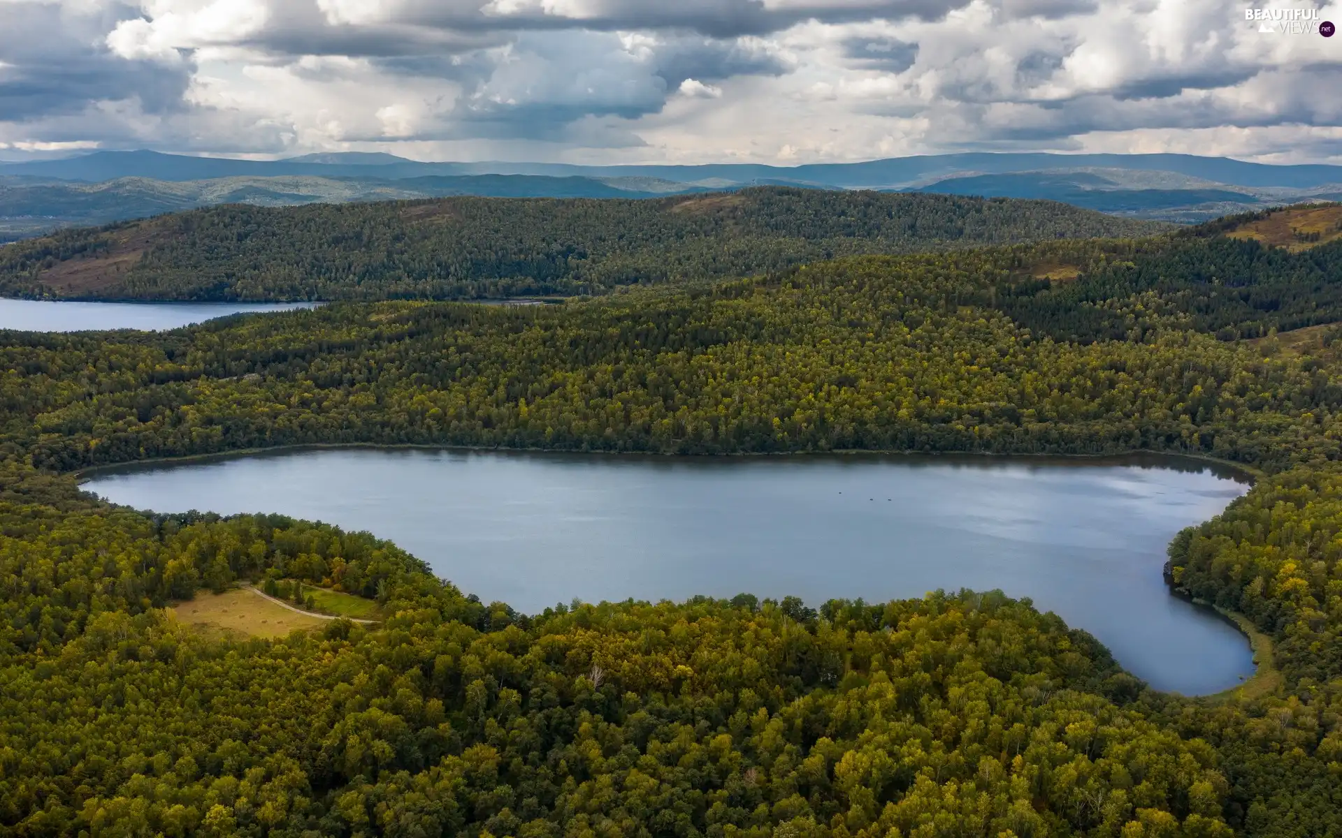 clouds, lakes, woods