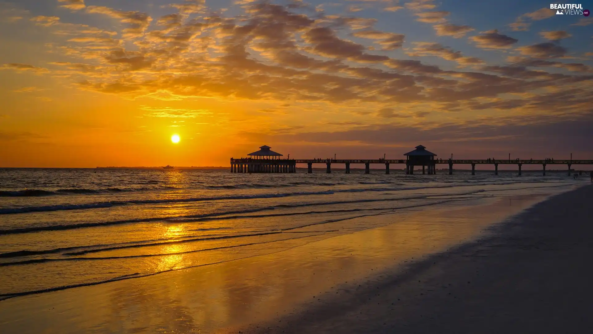 Great Sunsets, clouds, coast, pier, sea