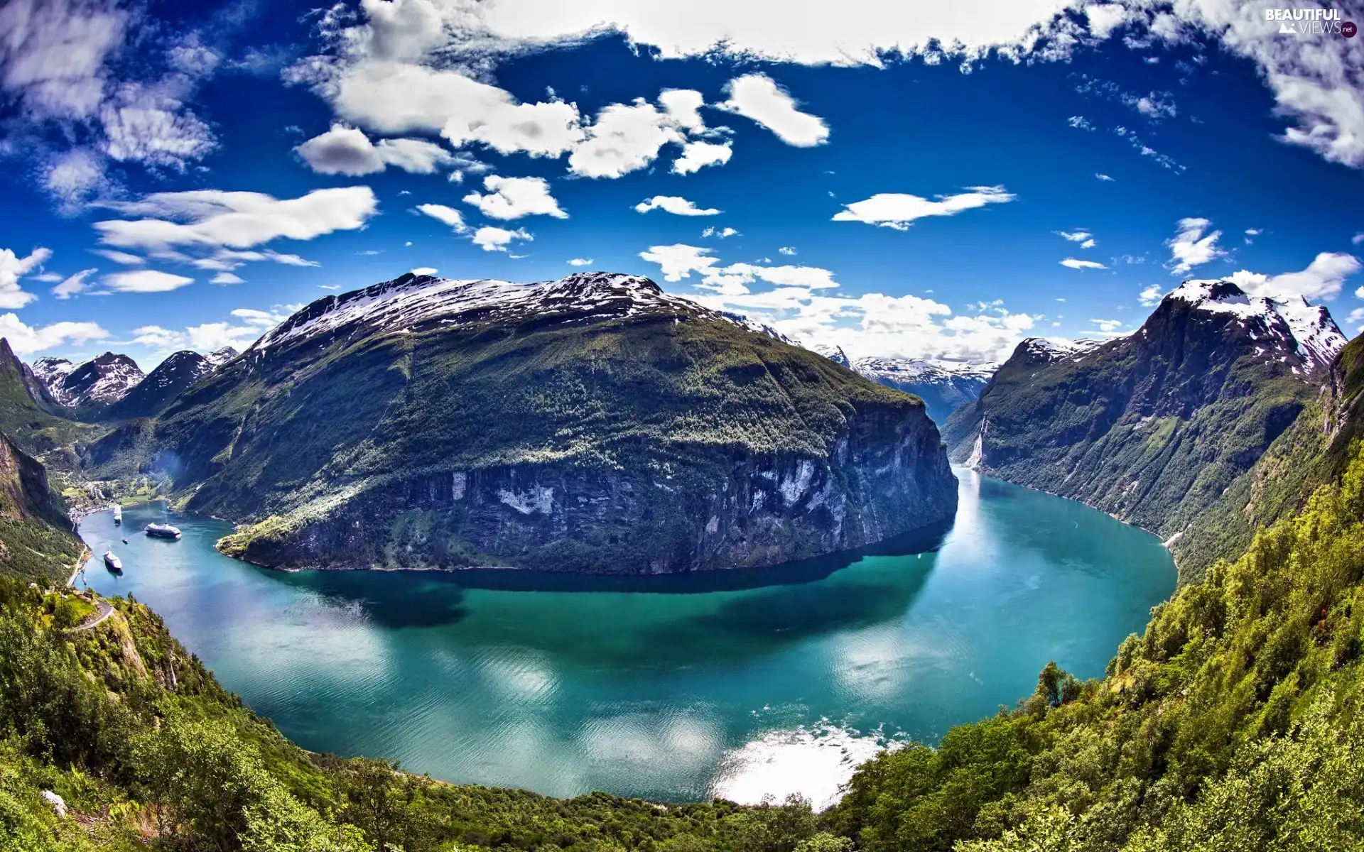 curve, rivers, Mountains, woods, clouds