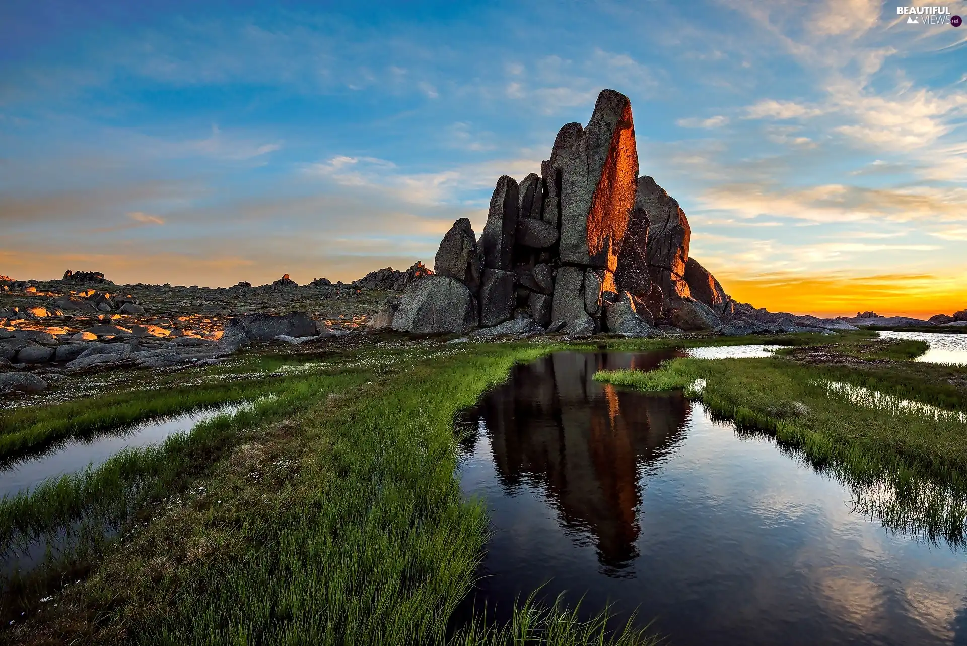 Stones, River, dawn, Australia, grass, rocks