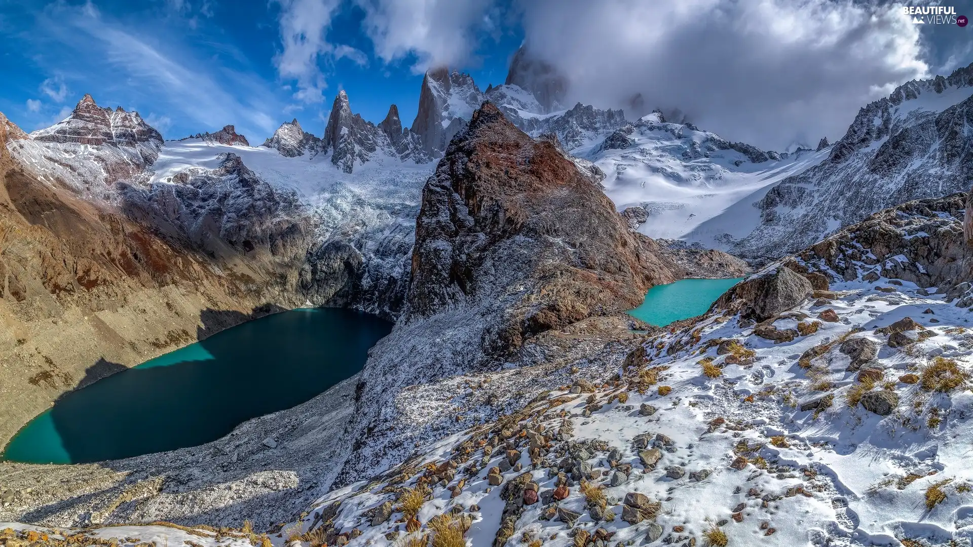 Mountains, Los Glaciares National Park, Laguna de Los Tres, Fitz Roy Mountain, lakes, reflection, clouds, Patagonia, Argentina, snow, Sucia Lake