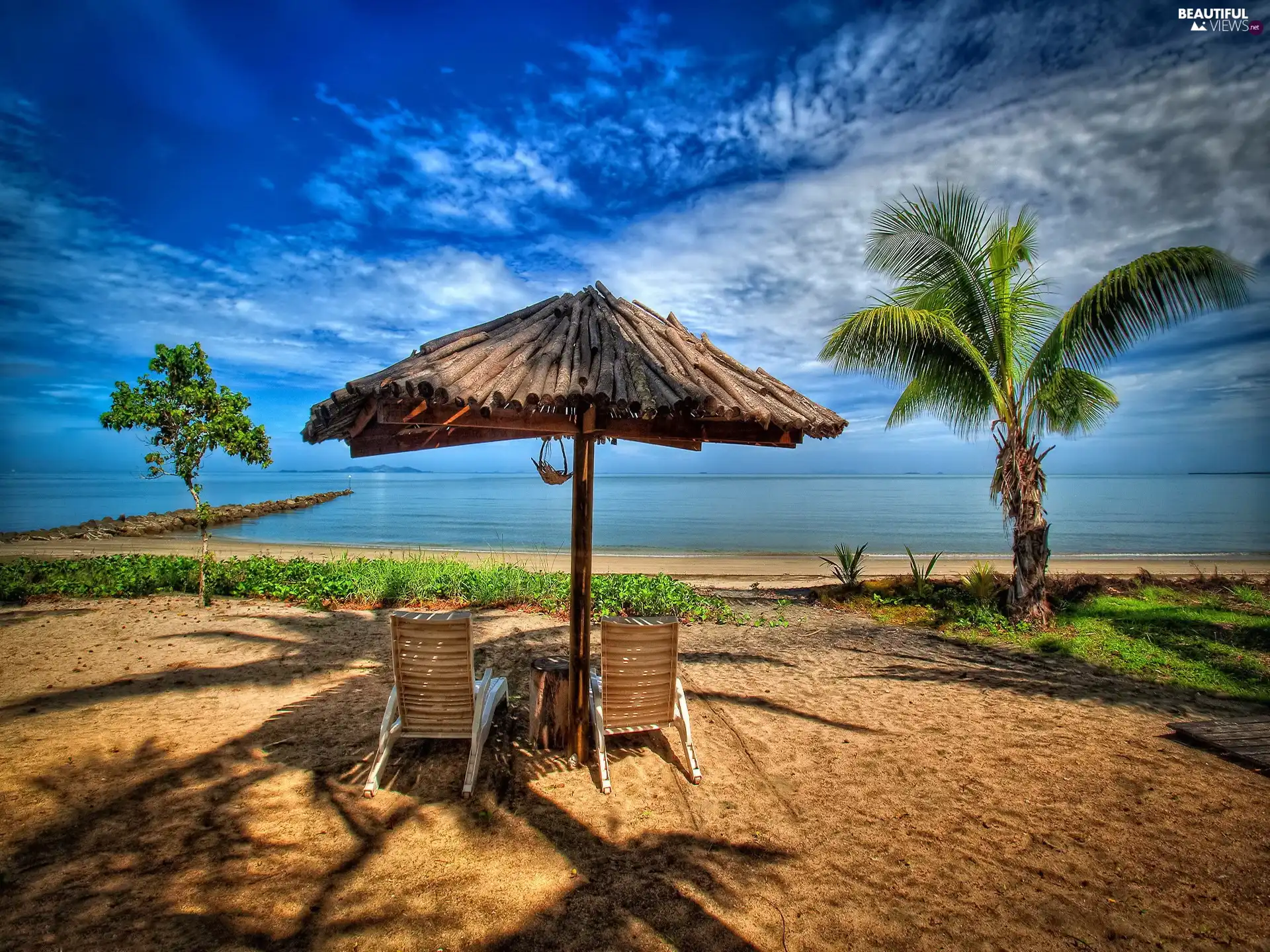 deck chair, holiday, Palms, Umbrella, sea