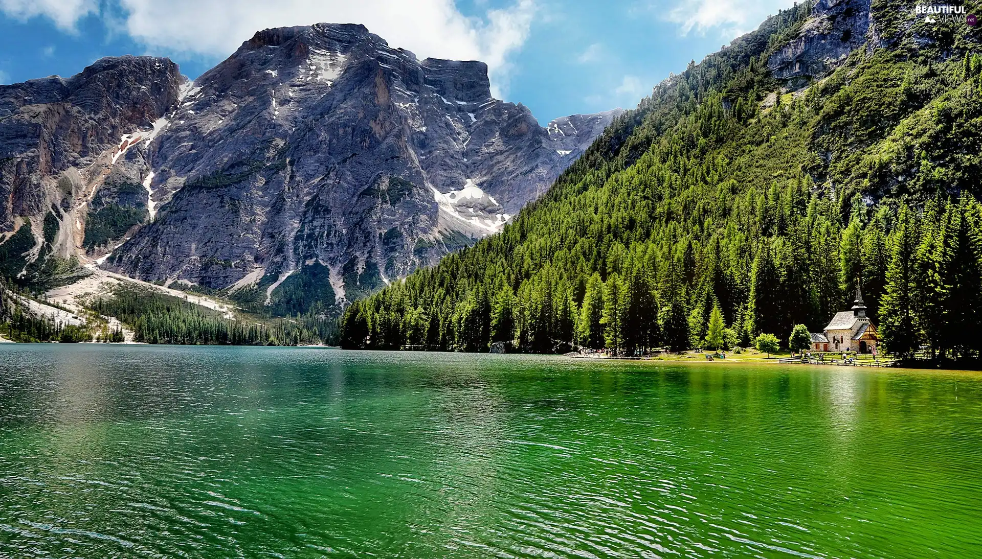 lake, Mountains, Lago di Carezza, Italy, church, woods