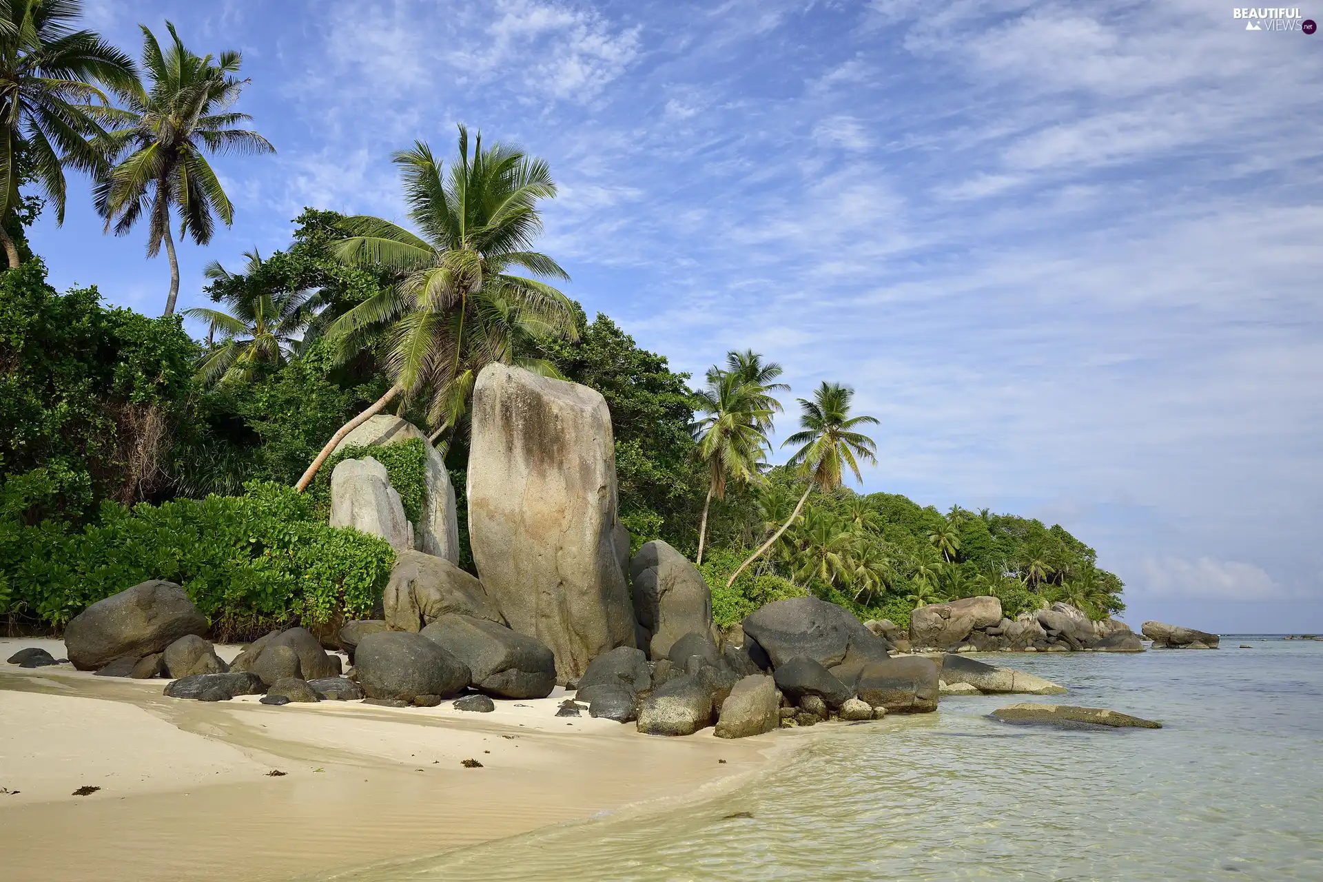 Anse Source d Argent Beach, Seychelles, La Digue Island, sea, VEGETATION, clouds, boulders, Palms, rocks