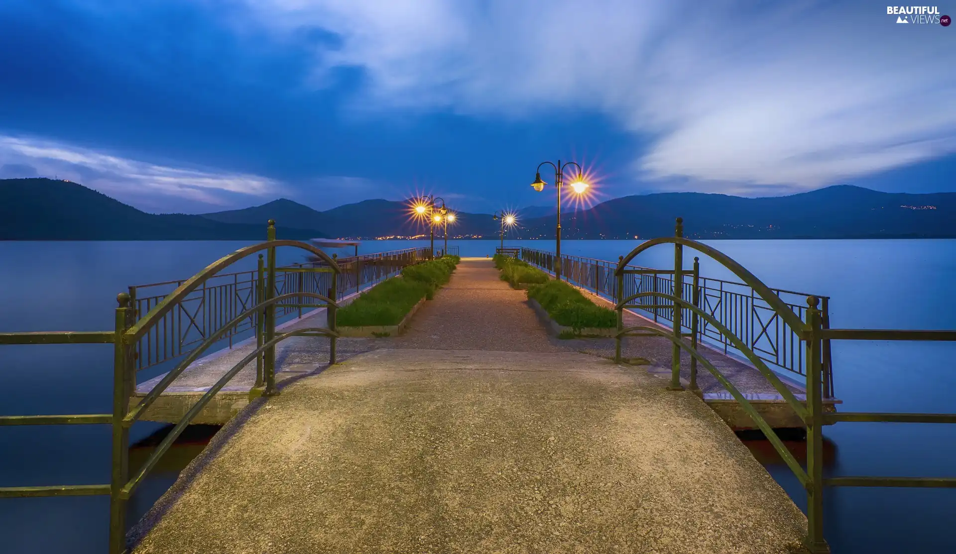 lanterns, evening, Sky, Platform, lake