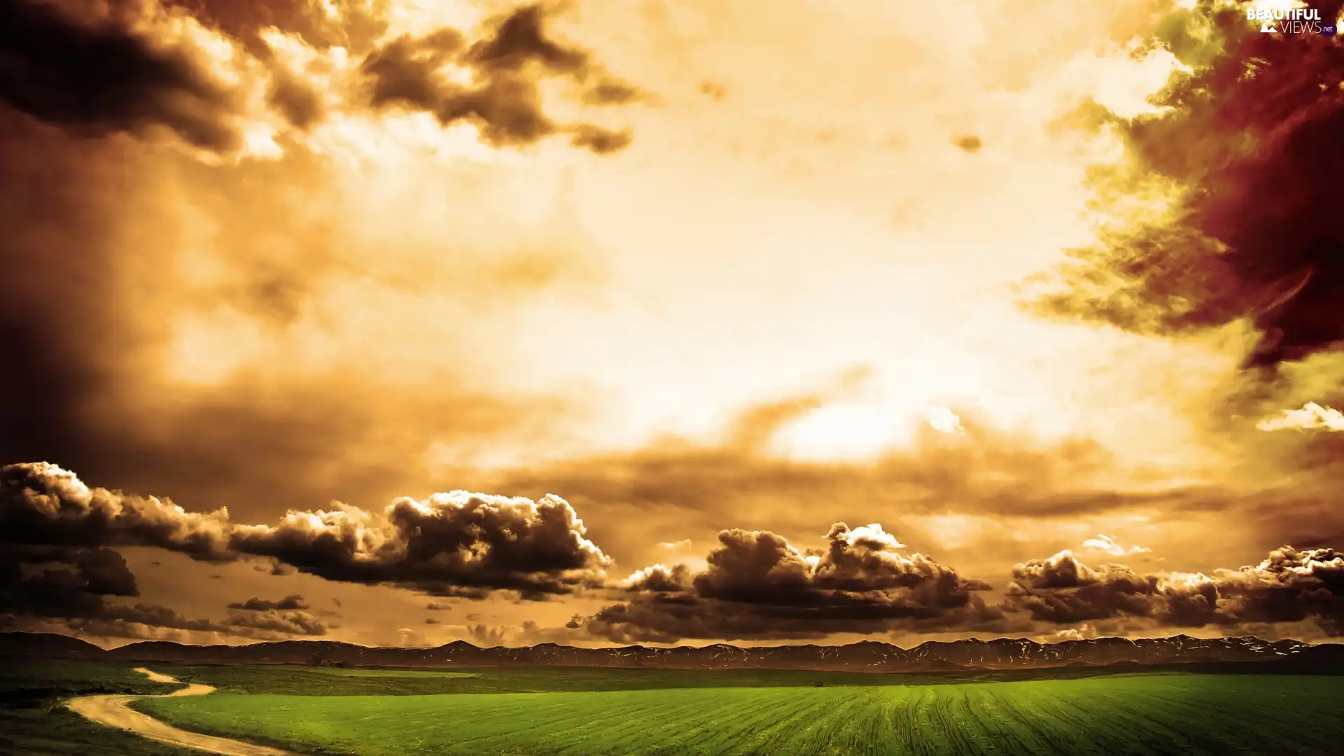 Field, Mountains, clouds, Way, Sky