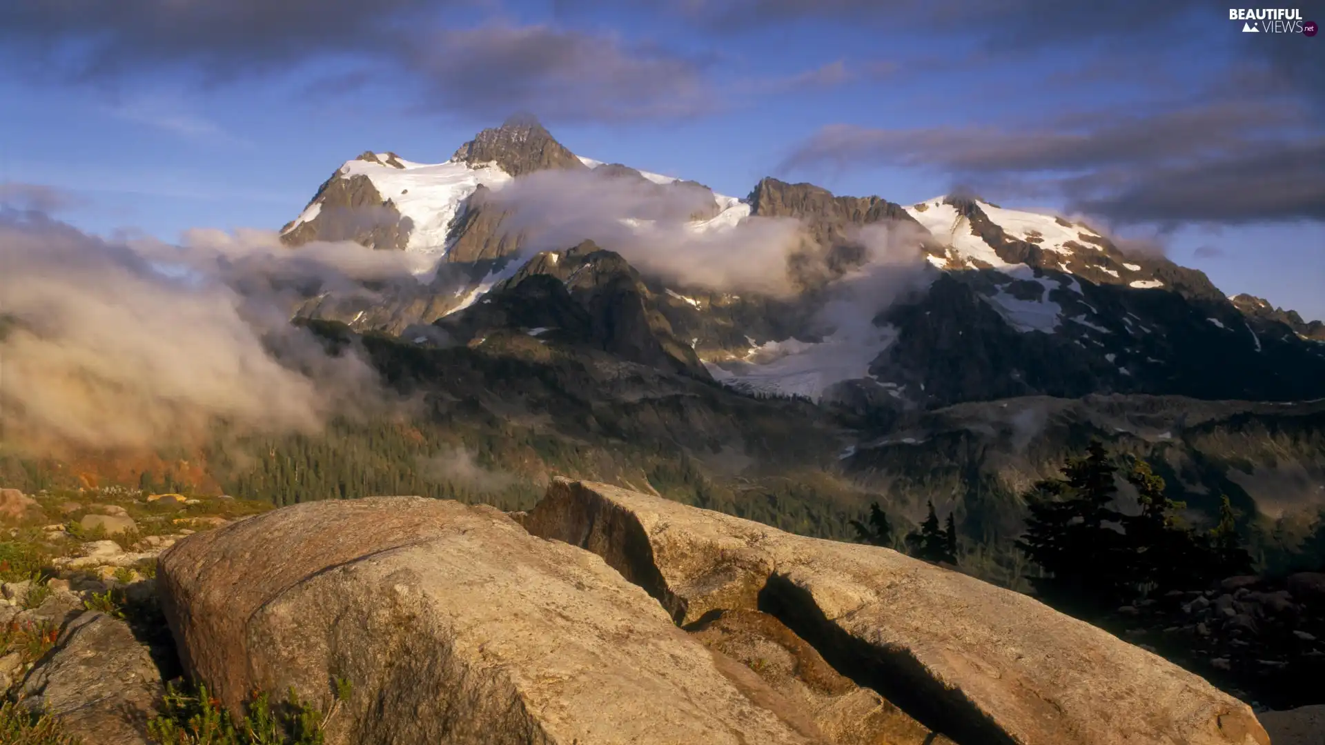 Fog, Rocks, height, snow, Mountains