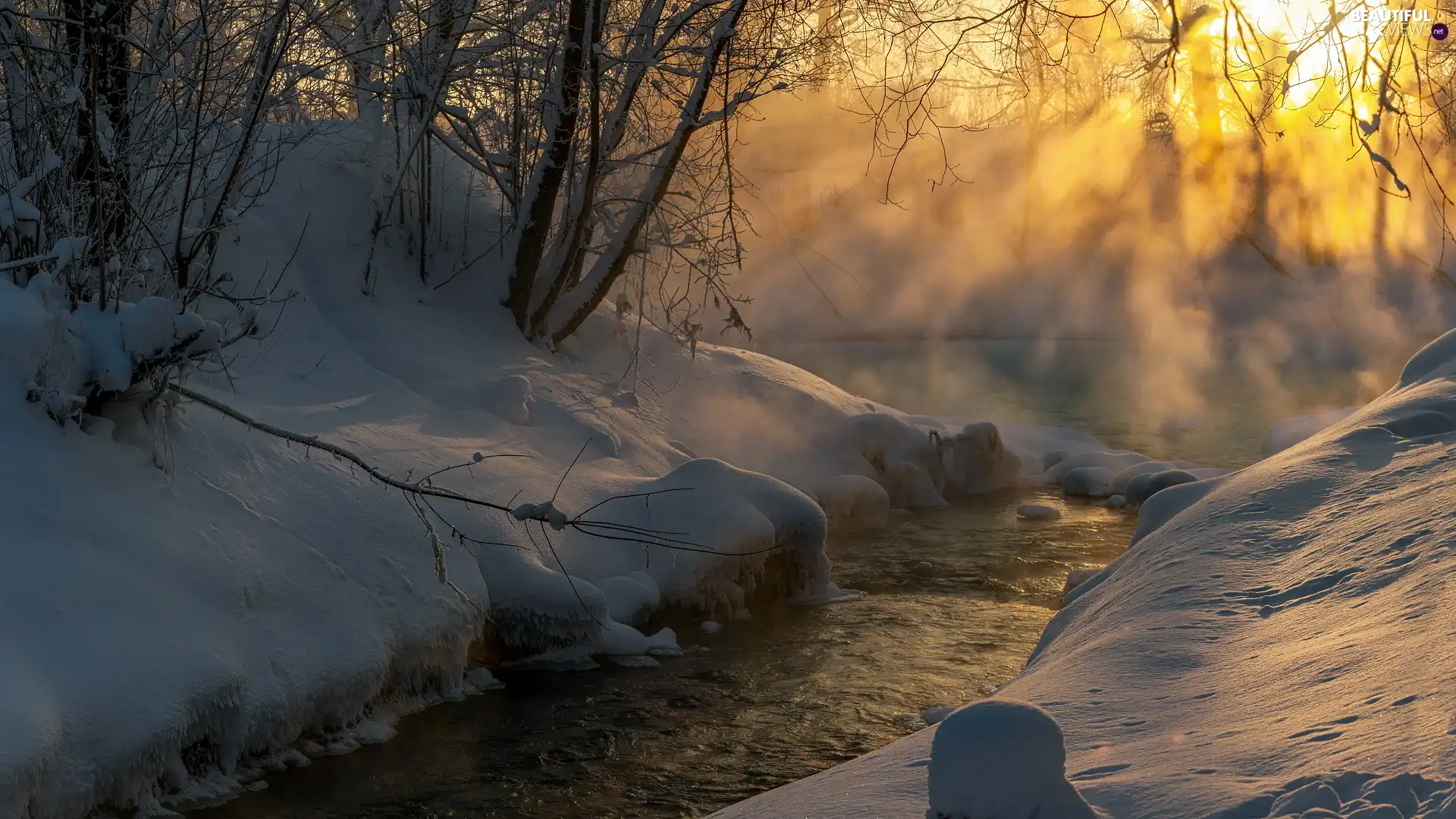 Fog, winter, trees, viewes, light breaking through sky, River