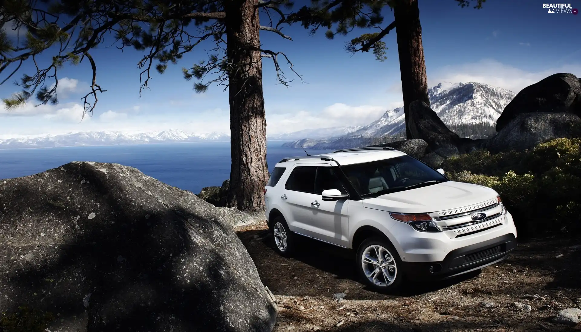 Mountains, Stones, White Ford 2011 Explorer, lake