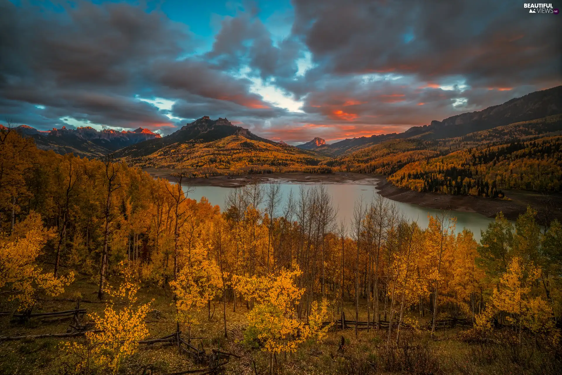 trees, lake, autumn, forest, Mountains, viewes, clouds