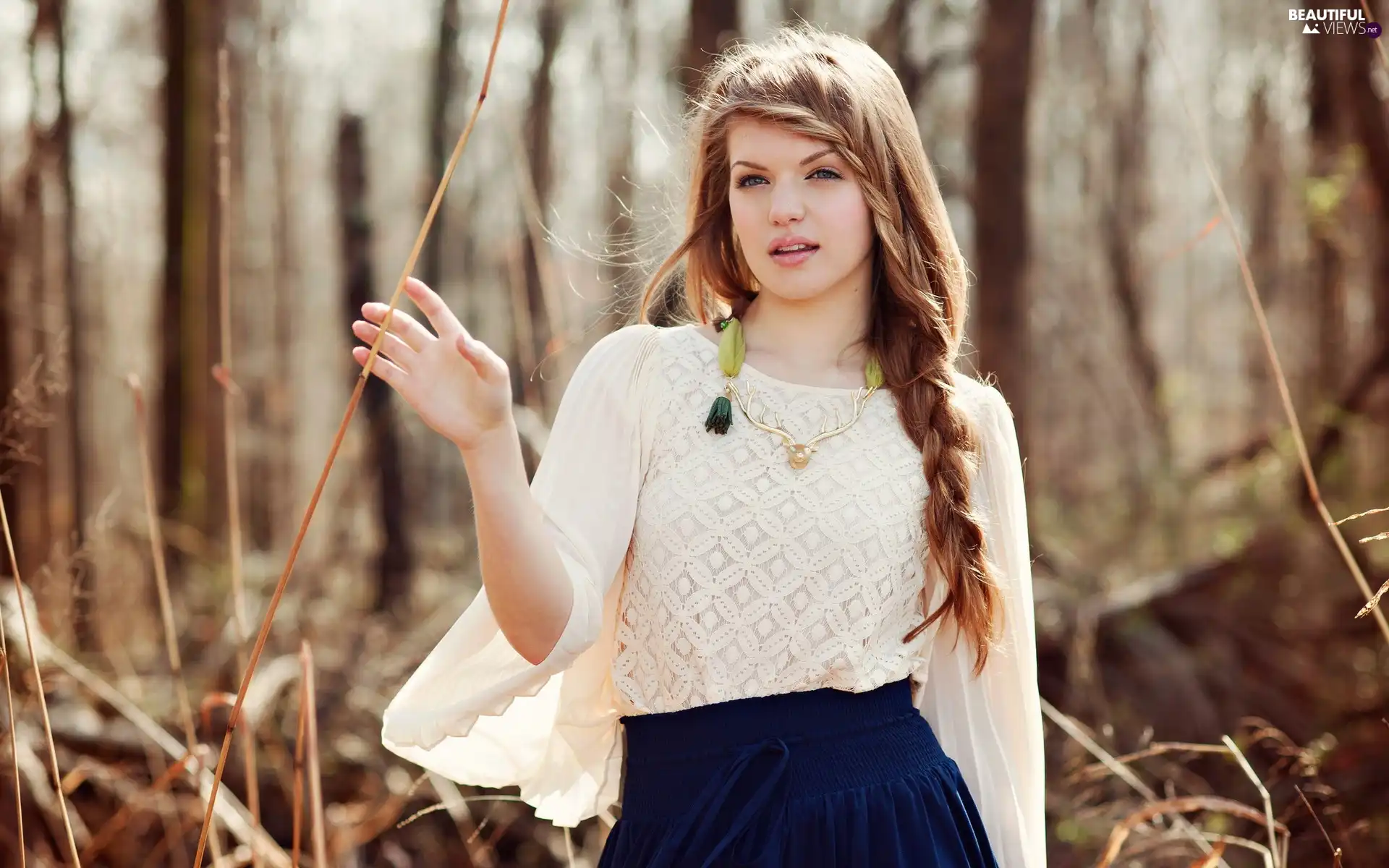 Blonde, jewellery, forest, pigtail