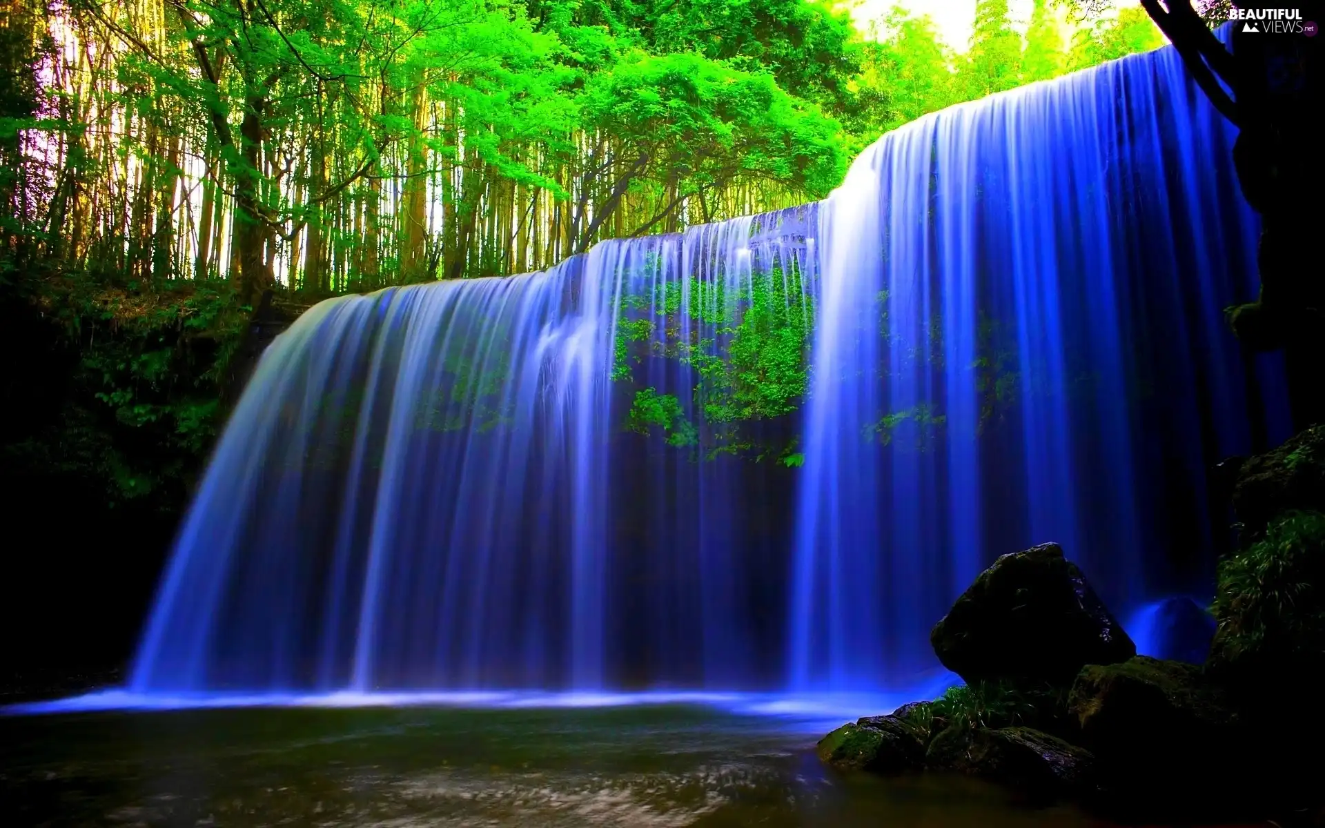 blue, Stones, forest, waterfall