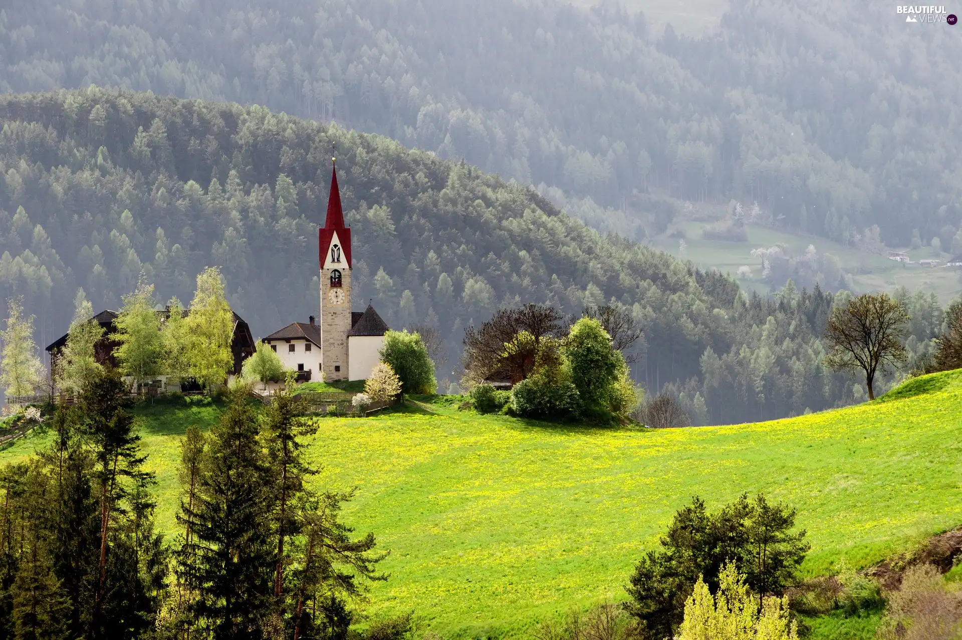 Mountains, Meadow, forest, tower