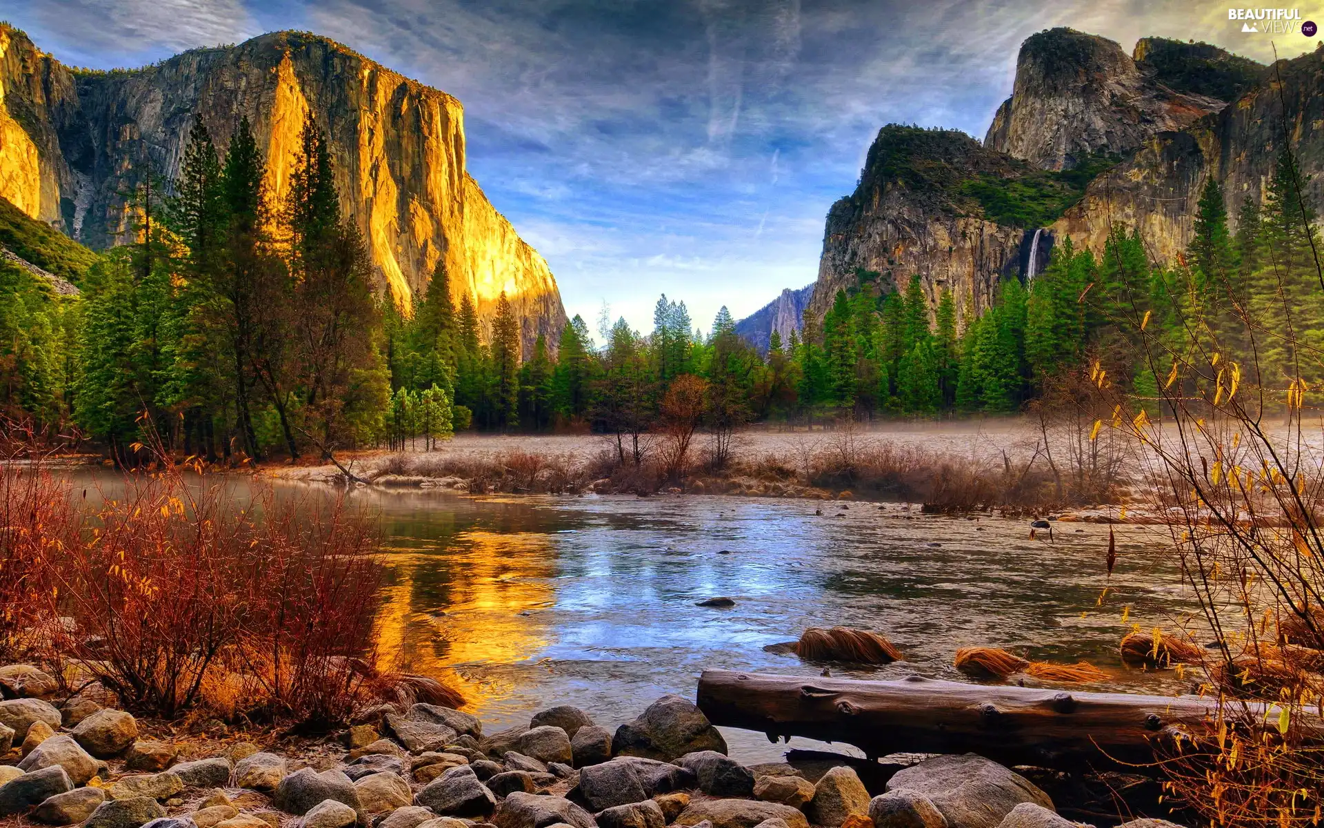 Mountains, Stones, forest, River