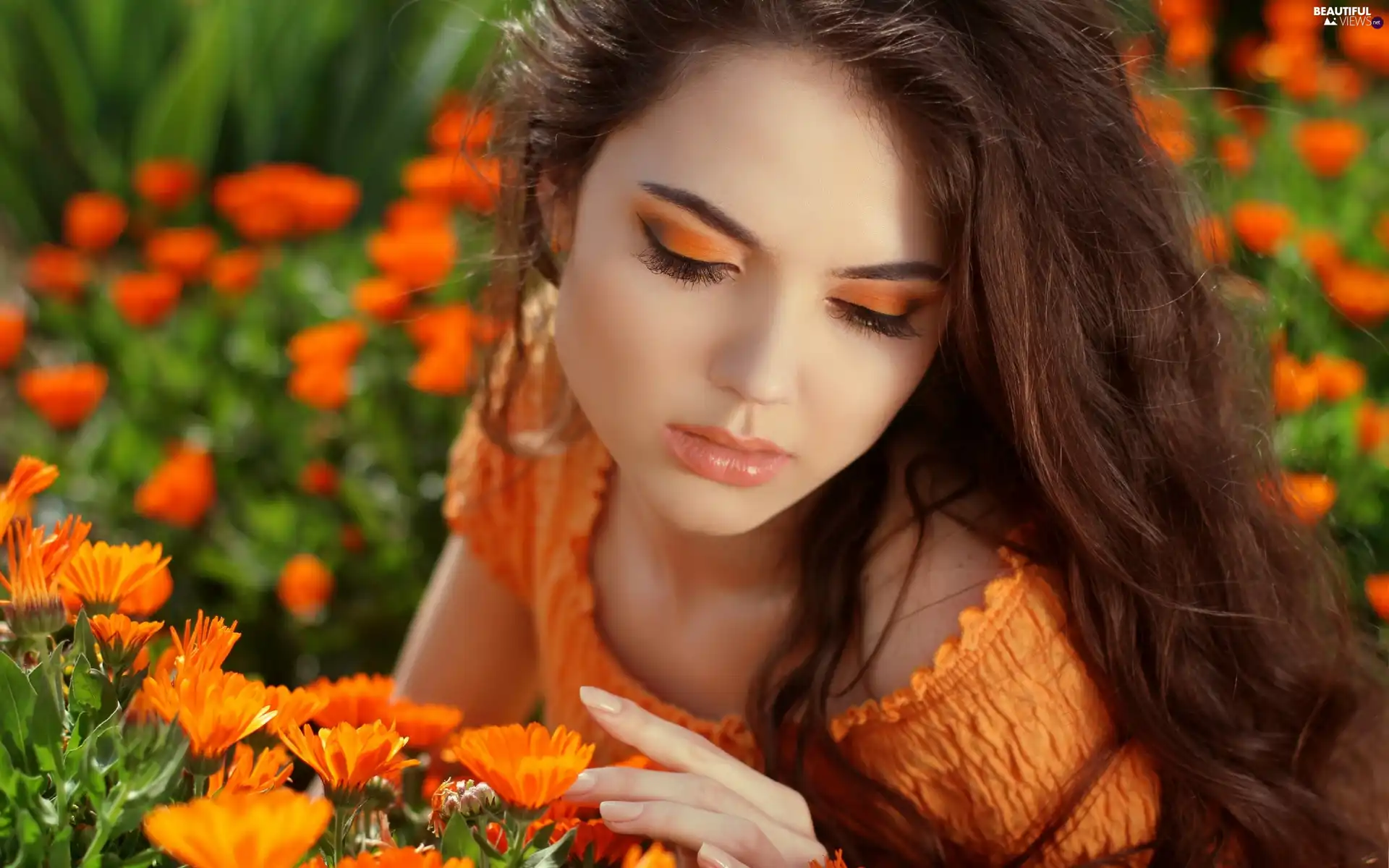 Garden, Flowers, girl, make-up, Beauty