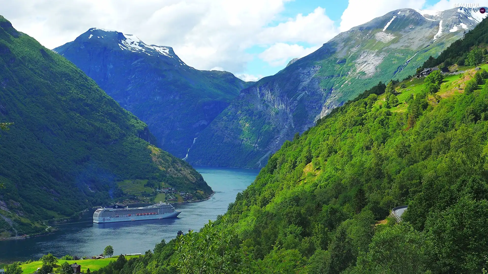 slopes, Ship, Fiord Geirangerfjorden, Norway, woods, Mountains