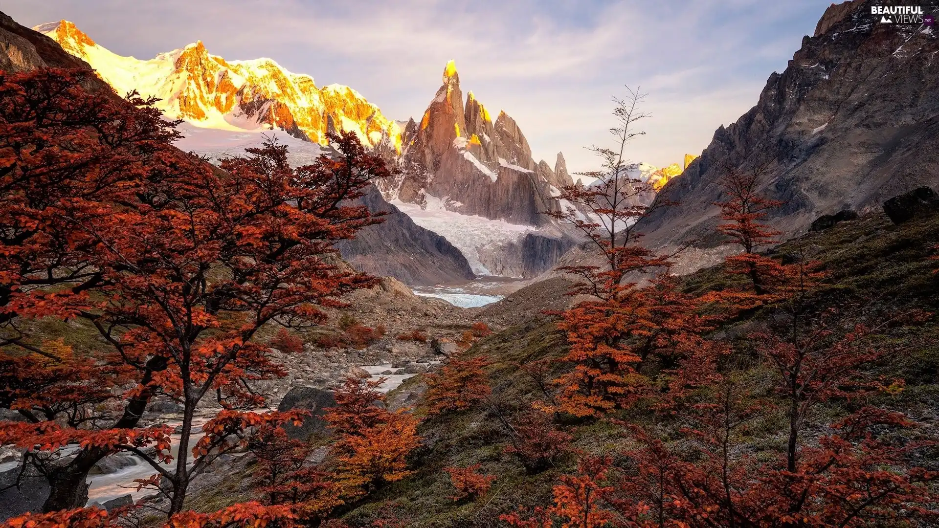 Snowy, Mountains, autumn, trees, Fitz Roy Mountain, Los Glaciares National Park, Argentina, Patagonia, viewes