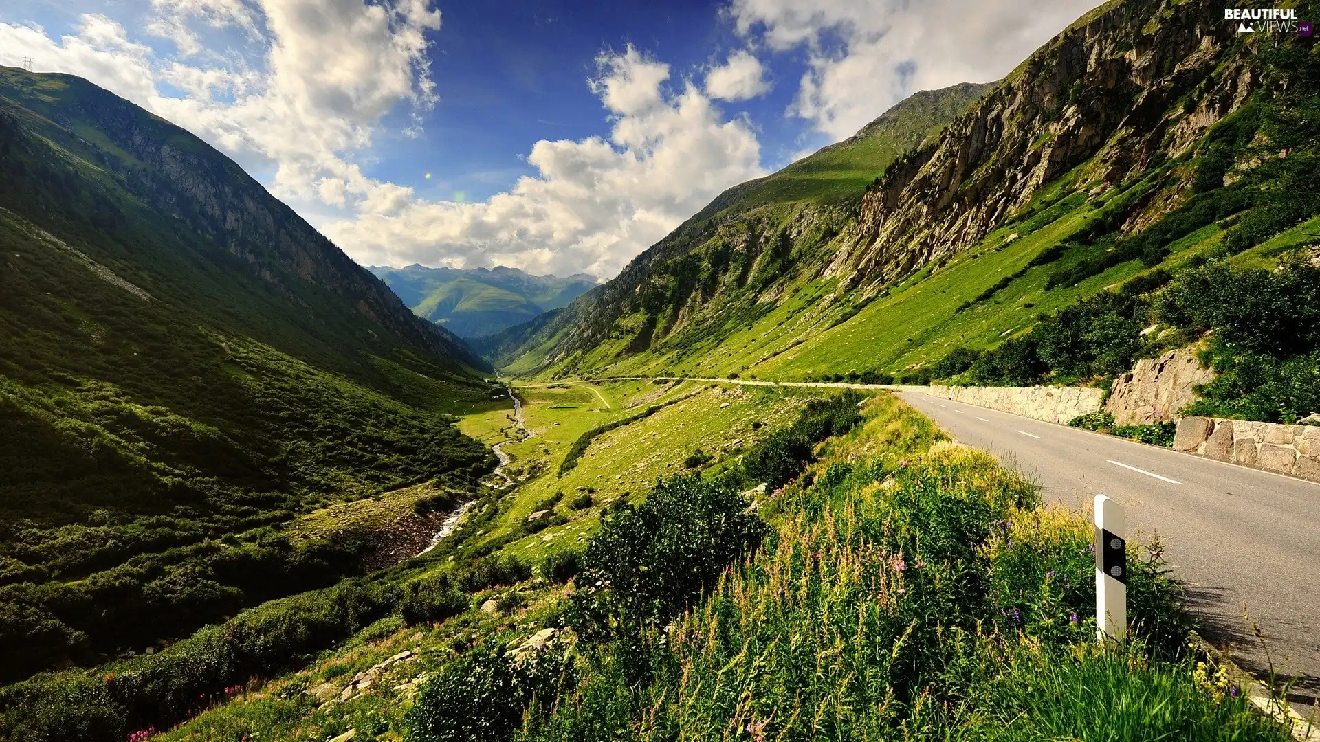 Mountains, clouds, grass, Way