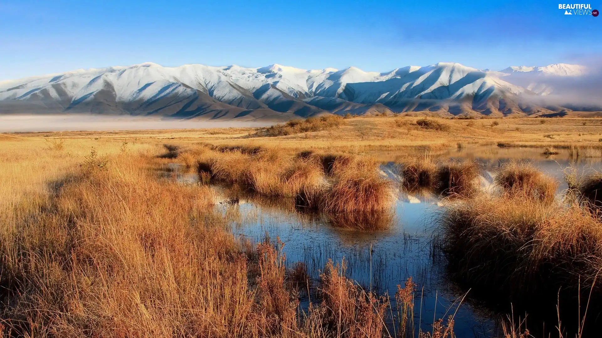 grass, Mountains, Ponds