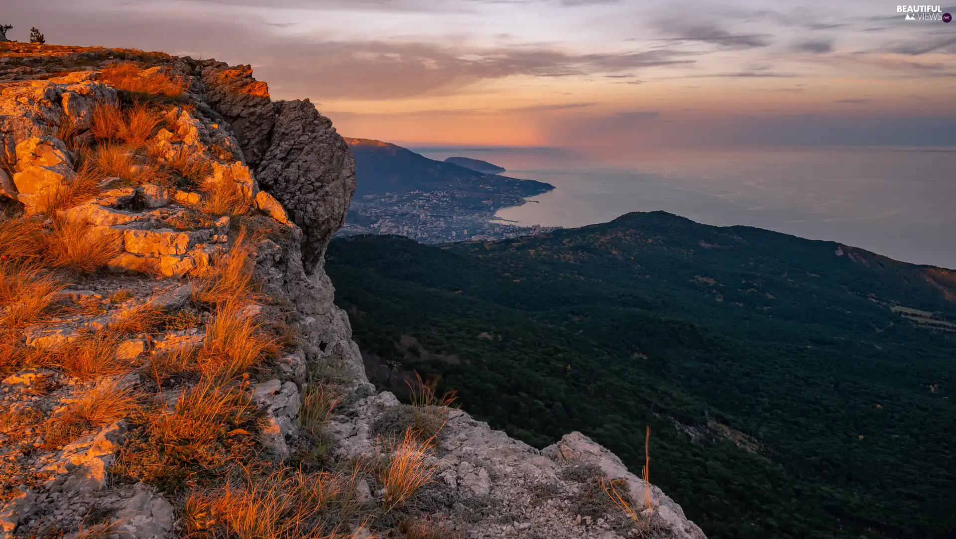 Mountains, sea, Plants, grass, rocks, Town