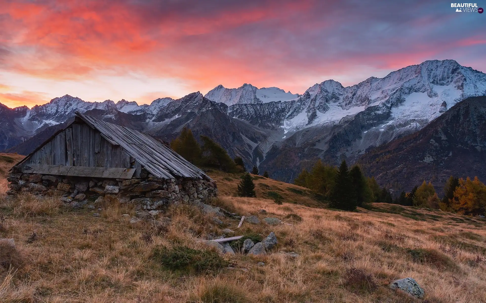 viewes, Mountains, cote, Great Sunsets, Wooden, trees