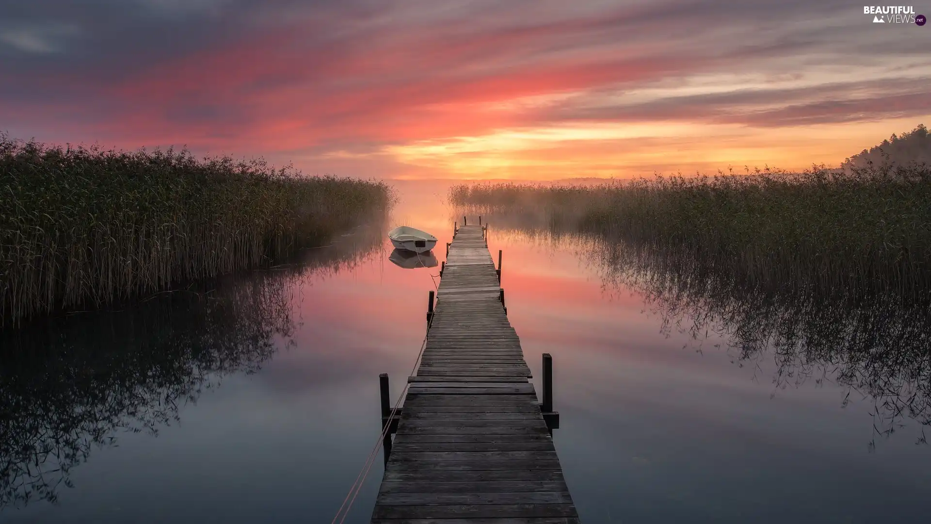 Boat, lake, Fog, Great Sunsets, rushes, Platform