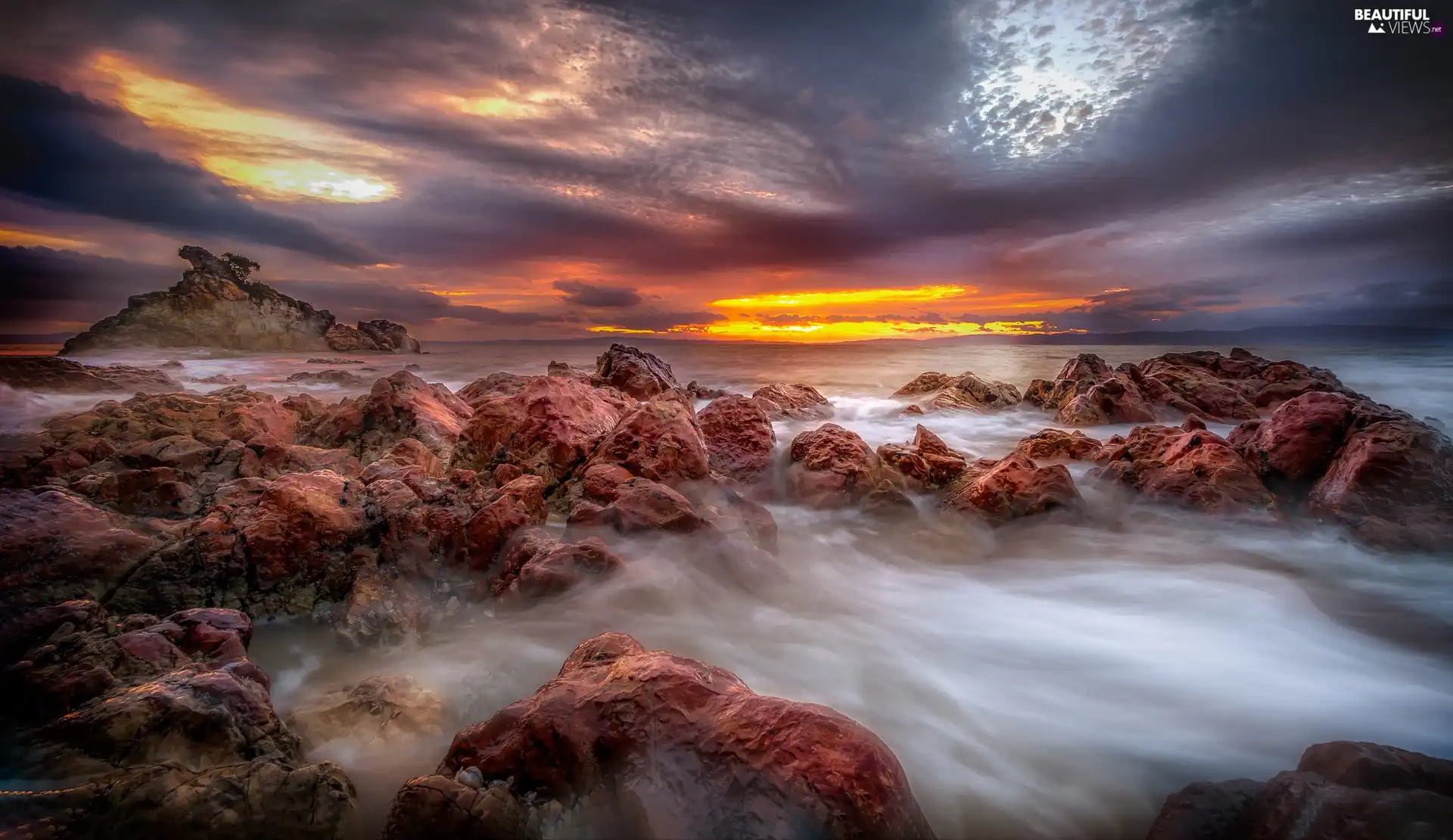 Great Sunsets, sea, North Island, New Zeland, Coromandel Peninsula, rocks